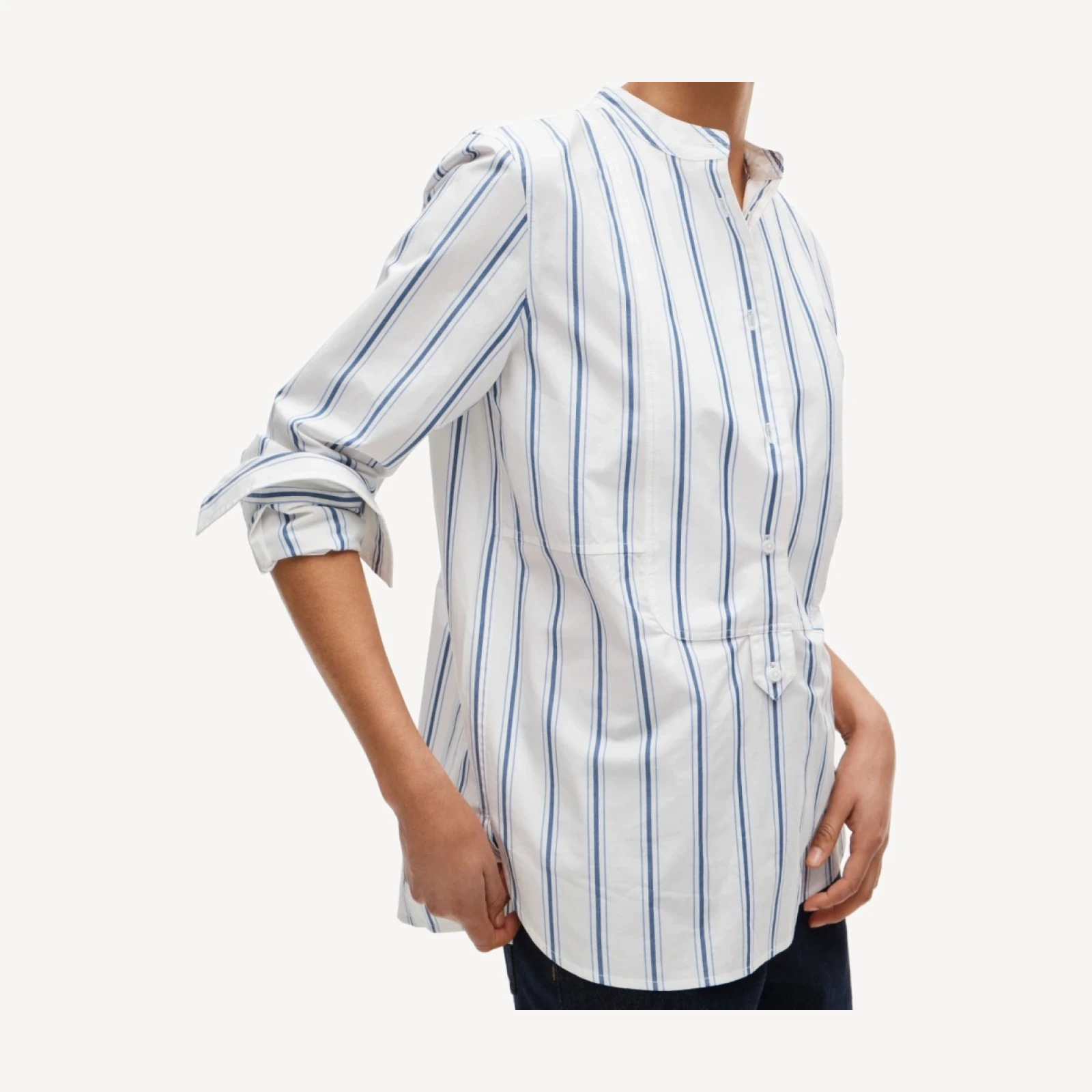 Tuxedo-bib button-up shirt in striped cotton poplin