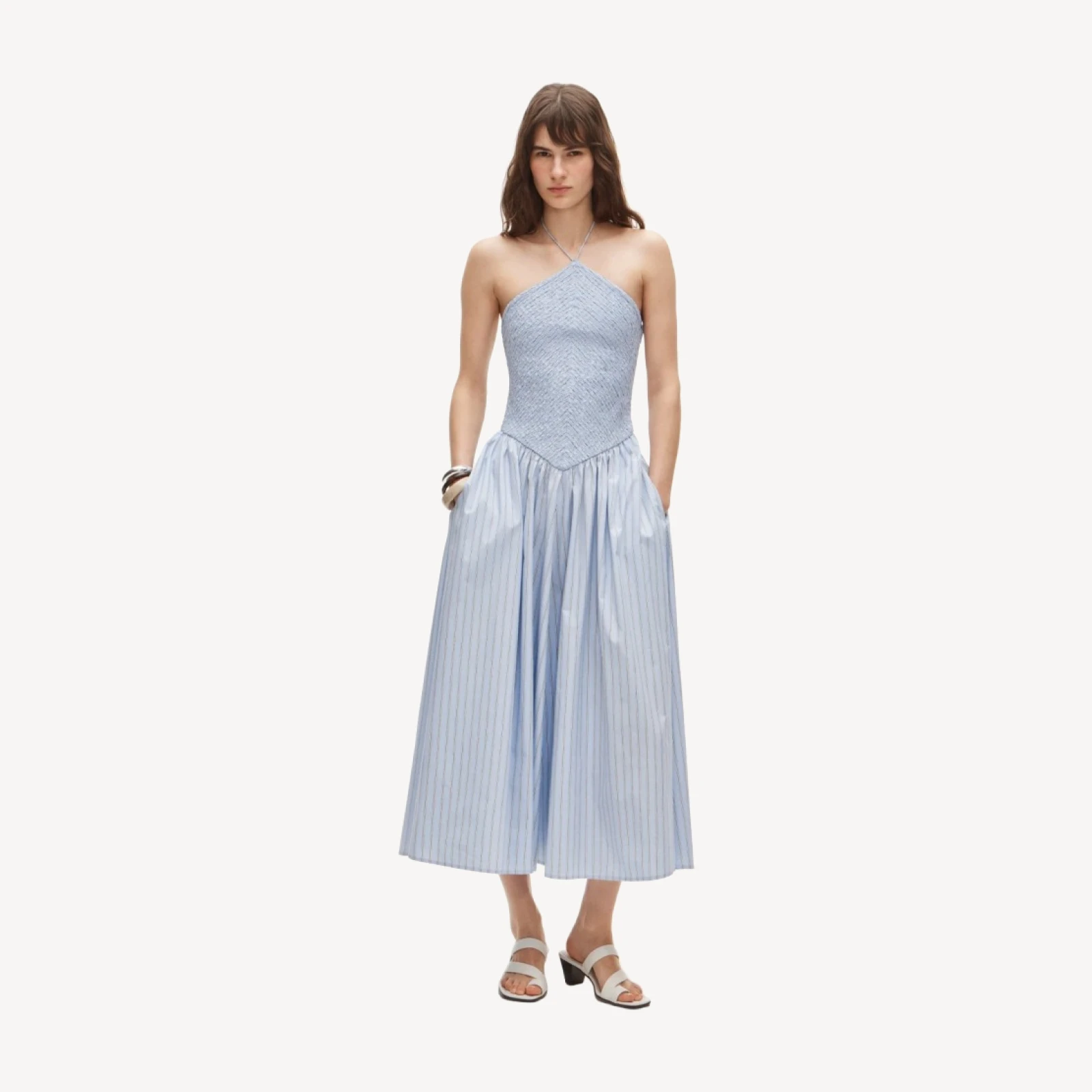 Smocked halter dress in stripe
