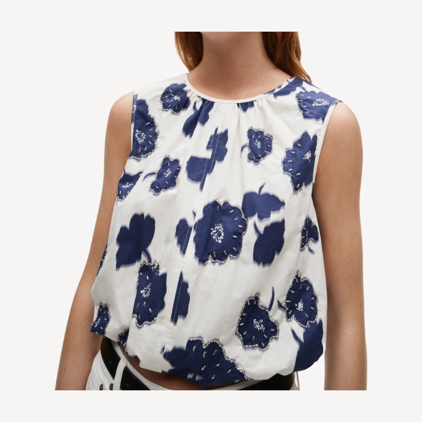 Embellished drawstring-waist tank top in blurred floral