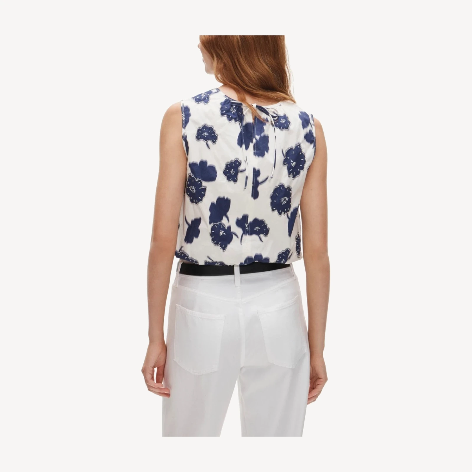 Embellished drawstring-waist tank top in blurred floral