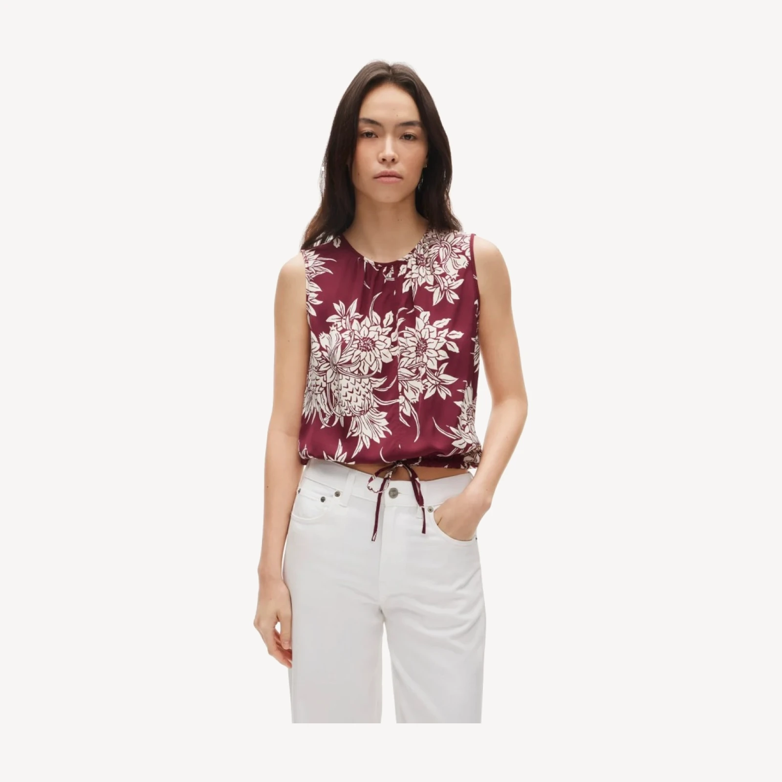 Drawstring-waist tank top in pineapple garden sateen