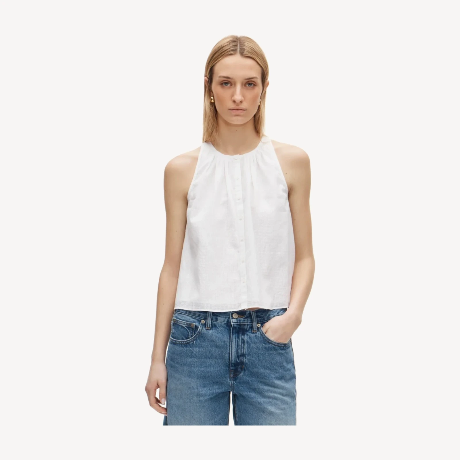 High-neck button-up tank top in textured cotton voile