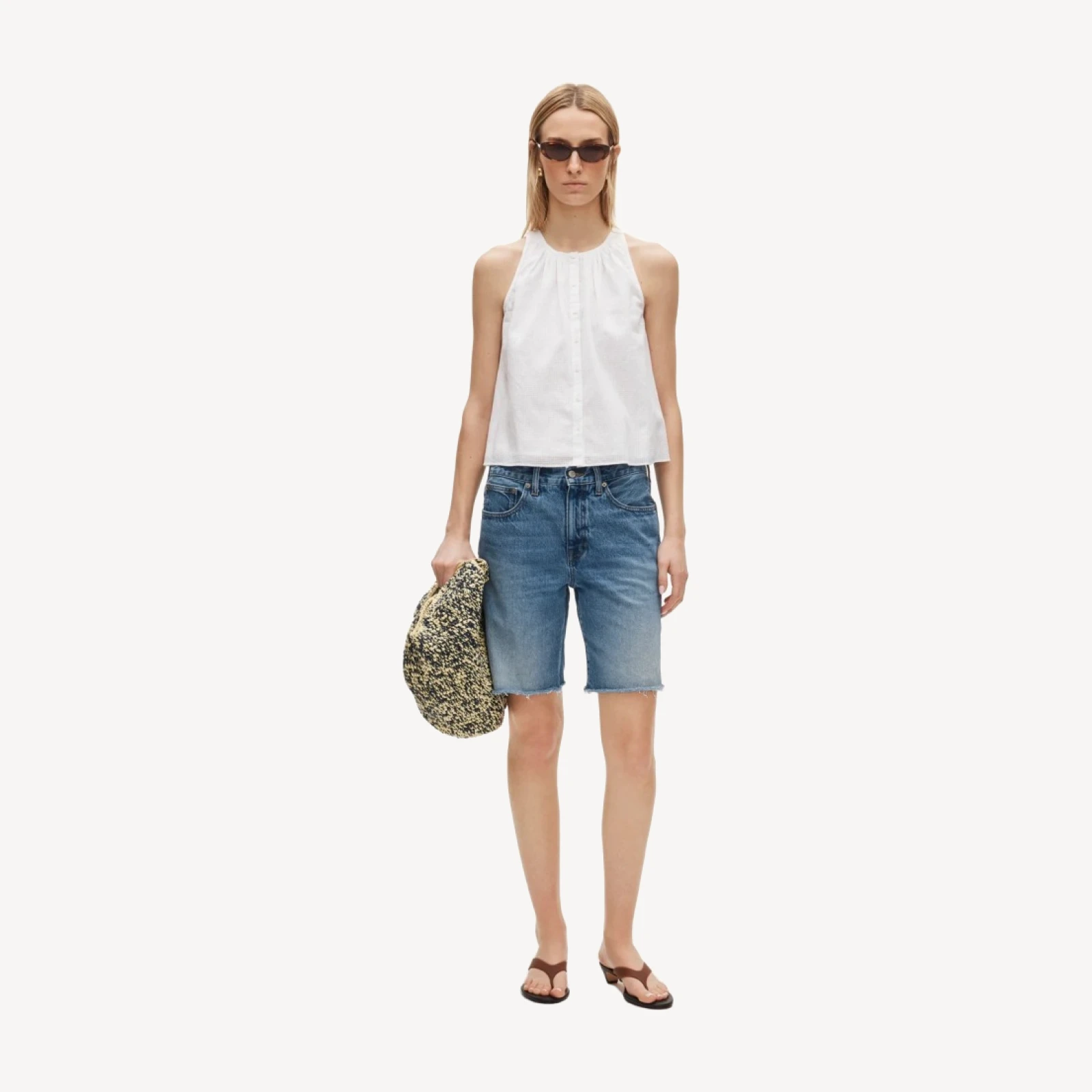 High-neck button-up tank top in textured cotton voile