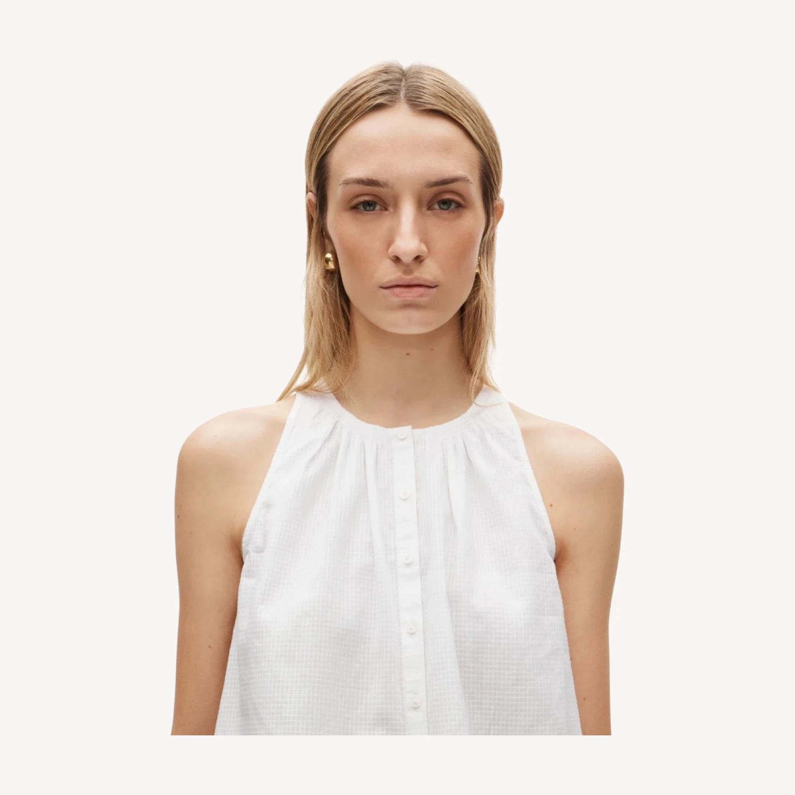 High-neck button-up tank top in textured cotton voile
