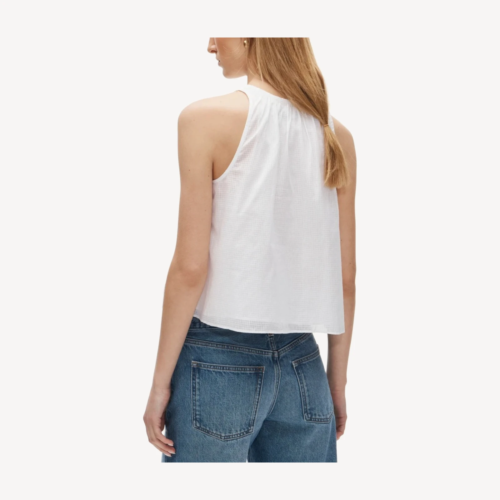 High-neck button-up tank top in textured cotton voile