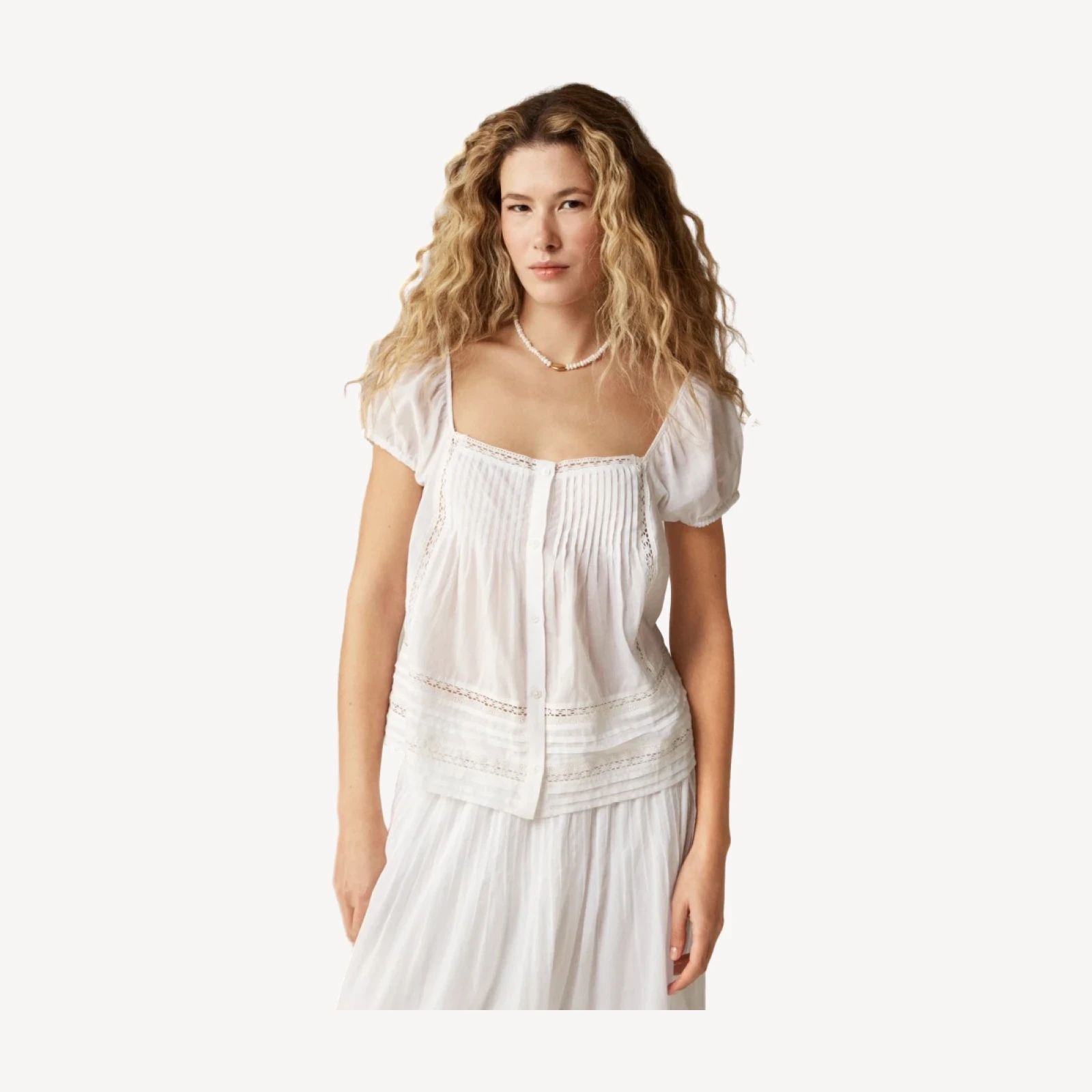 Cap-sleeve lace-trim top in cotton voile