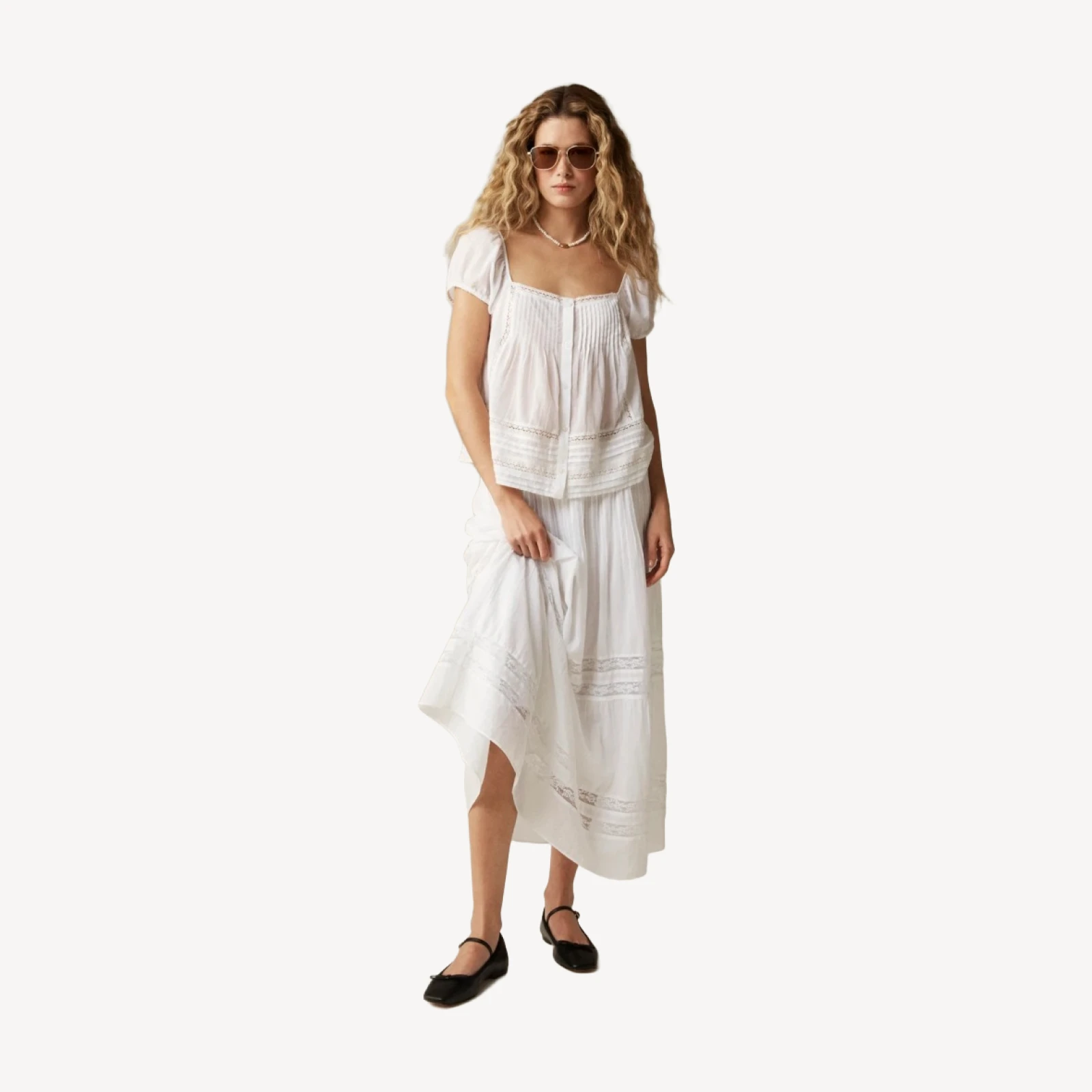 Cap-sleeve lace-trim top in cotton voile