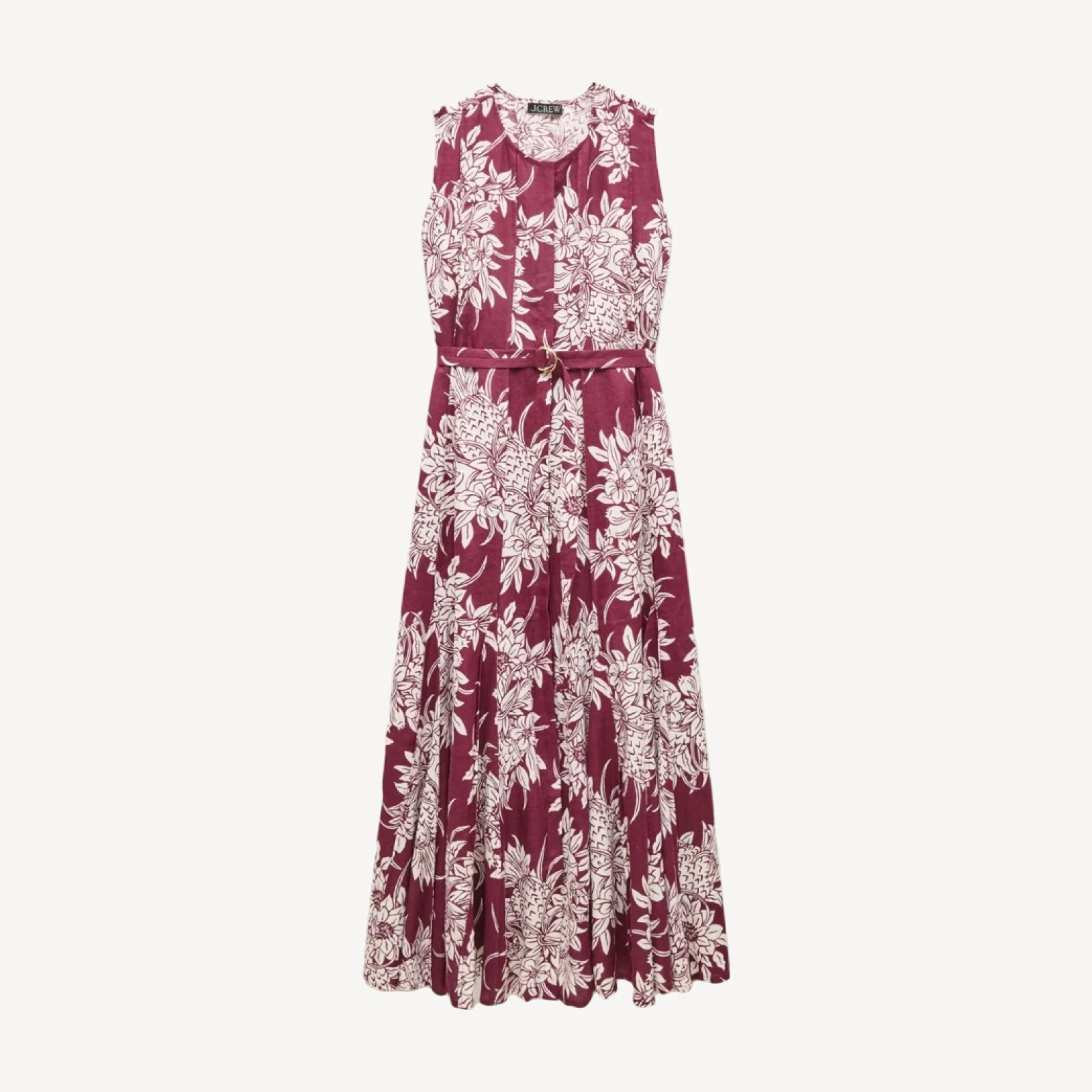 Seamed linen dress with removable belt in pineapple garden print