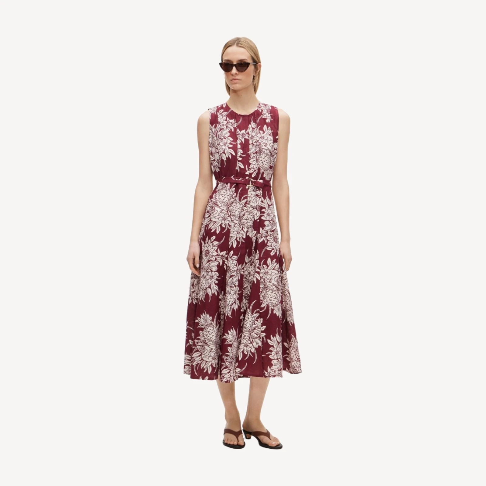 Seamed linen dress with removable belt in pineapple garden print