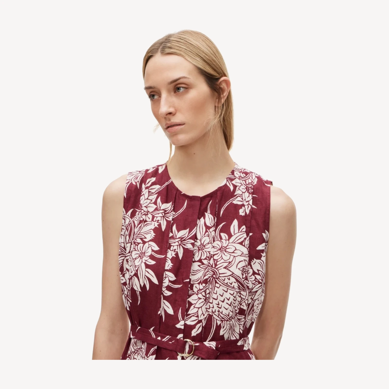 Seamed linen dress with removable belt in pineapple garden print