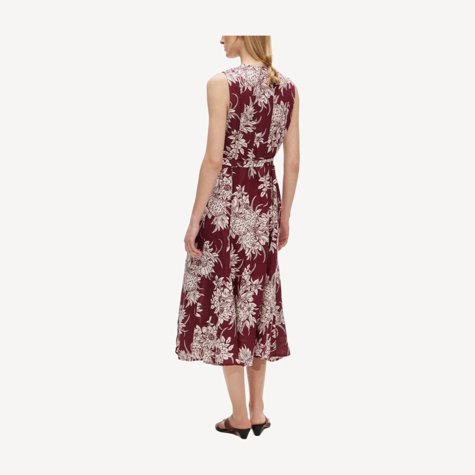 Seamed linen dress with removable belt in pineapple garden print