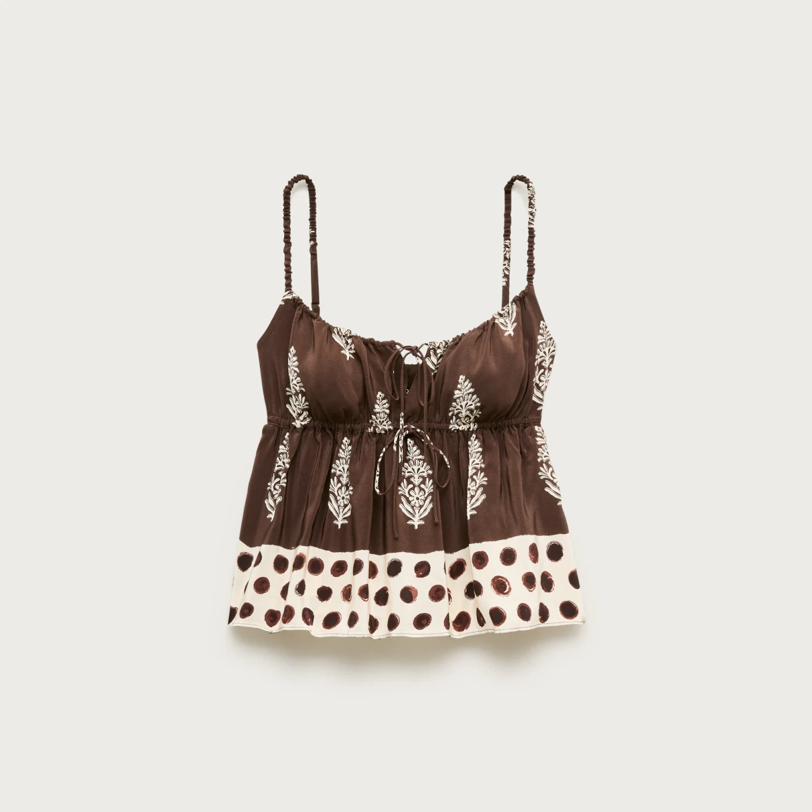 Cinched-waist tank top in cocoa block print