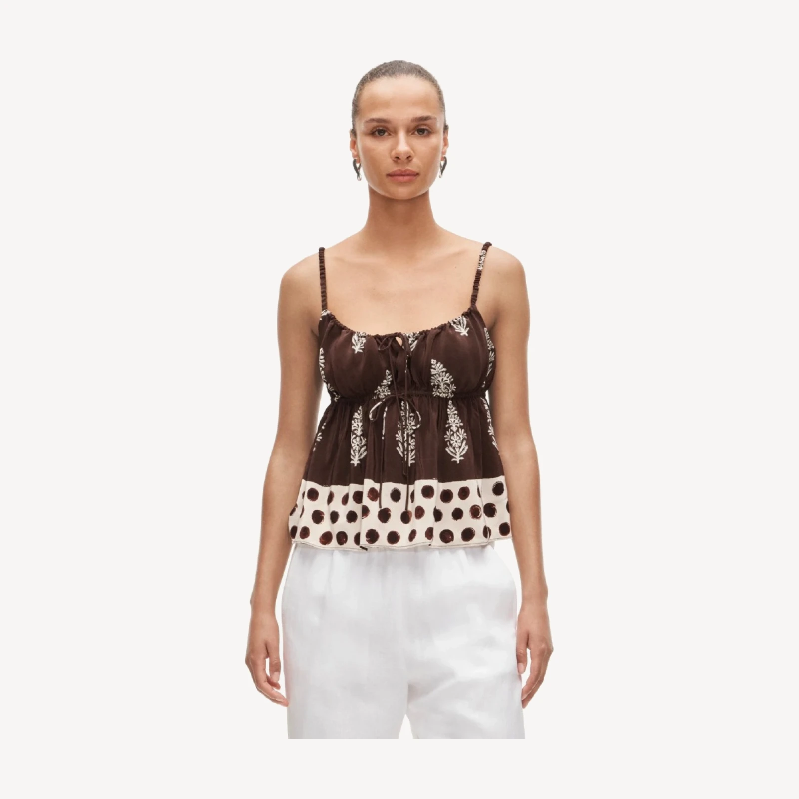 Cinched-waist tank top in cocoa block print