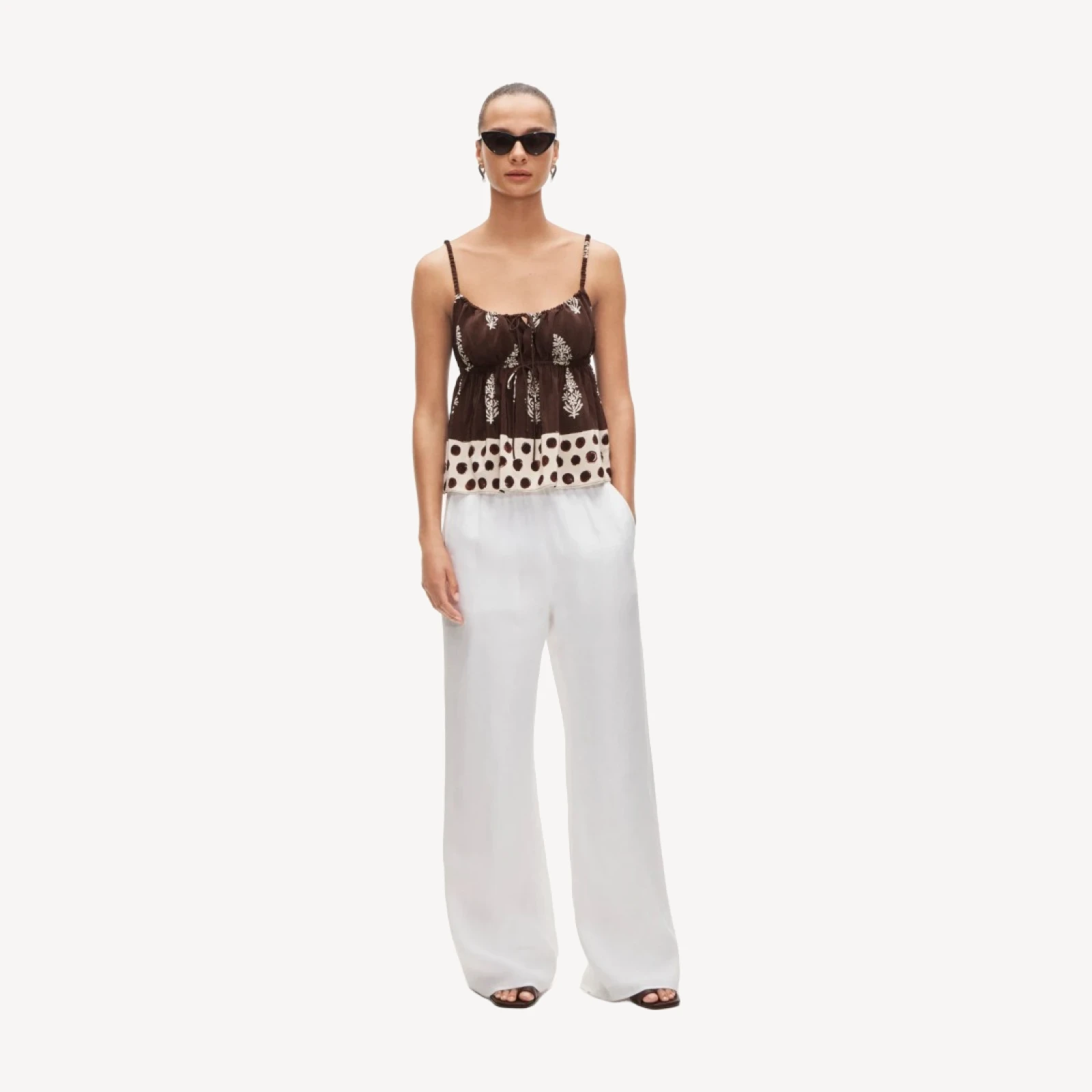 Cinched-waist tank top in cocoa block print