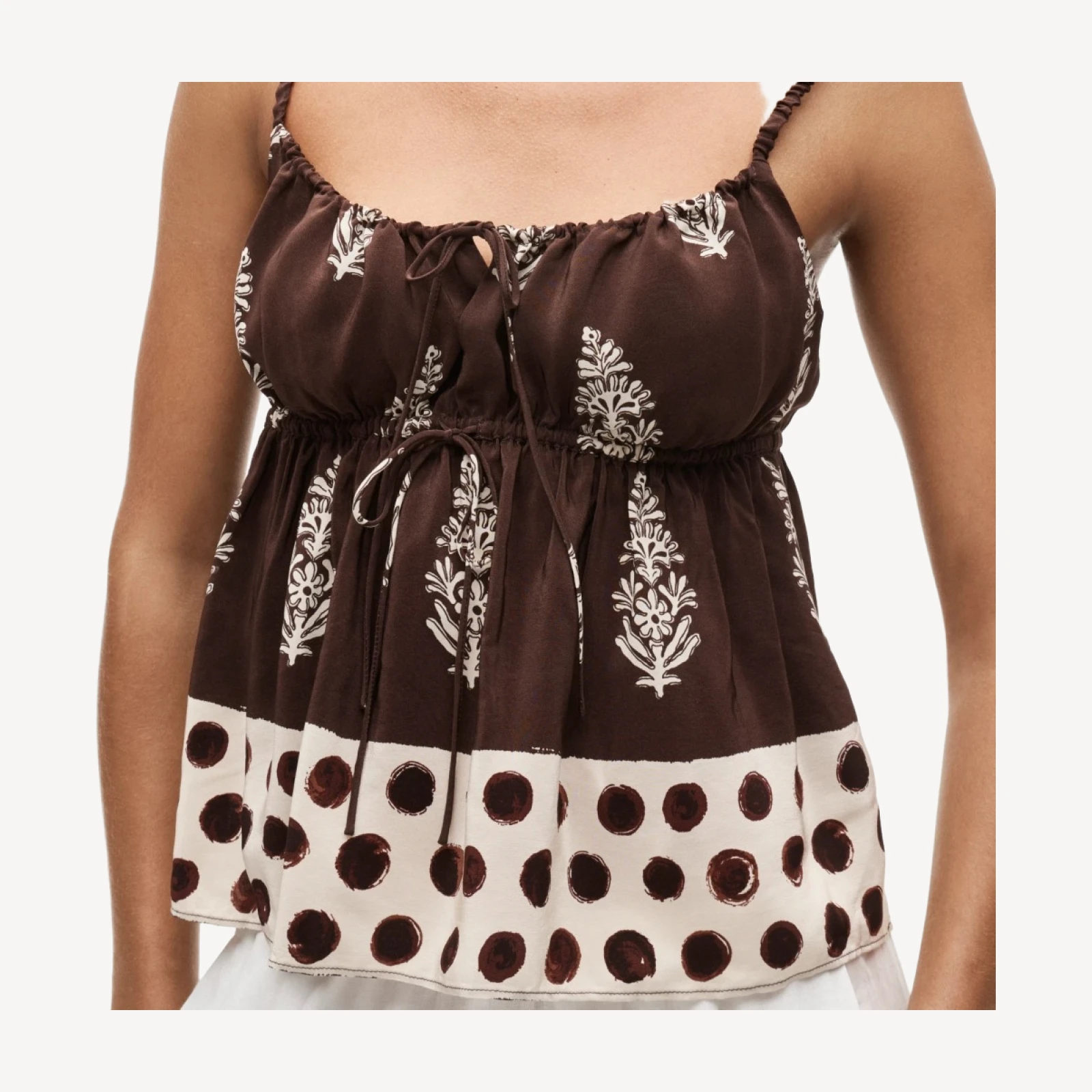 Cinched-waist tank top in cocoa block print