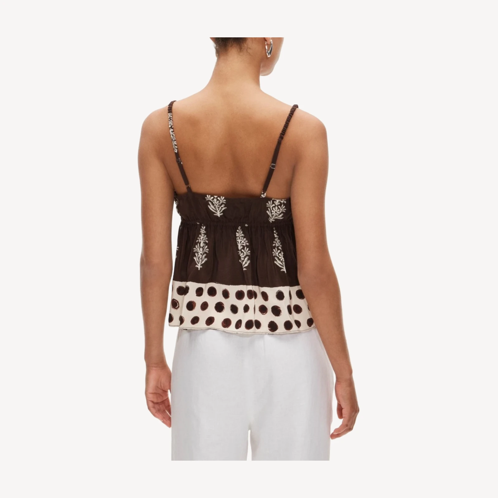 Cinched-waist tank top in cocoa block print
