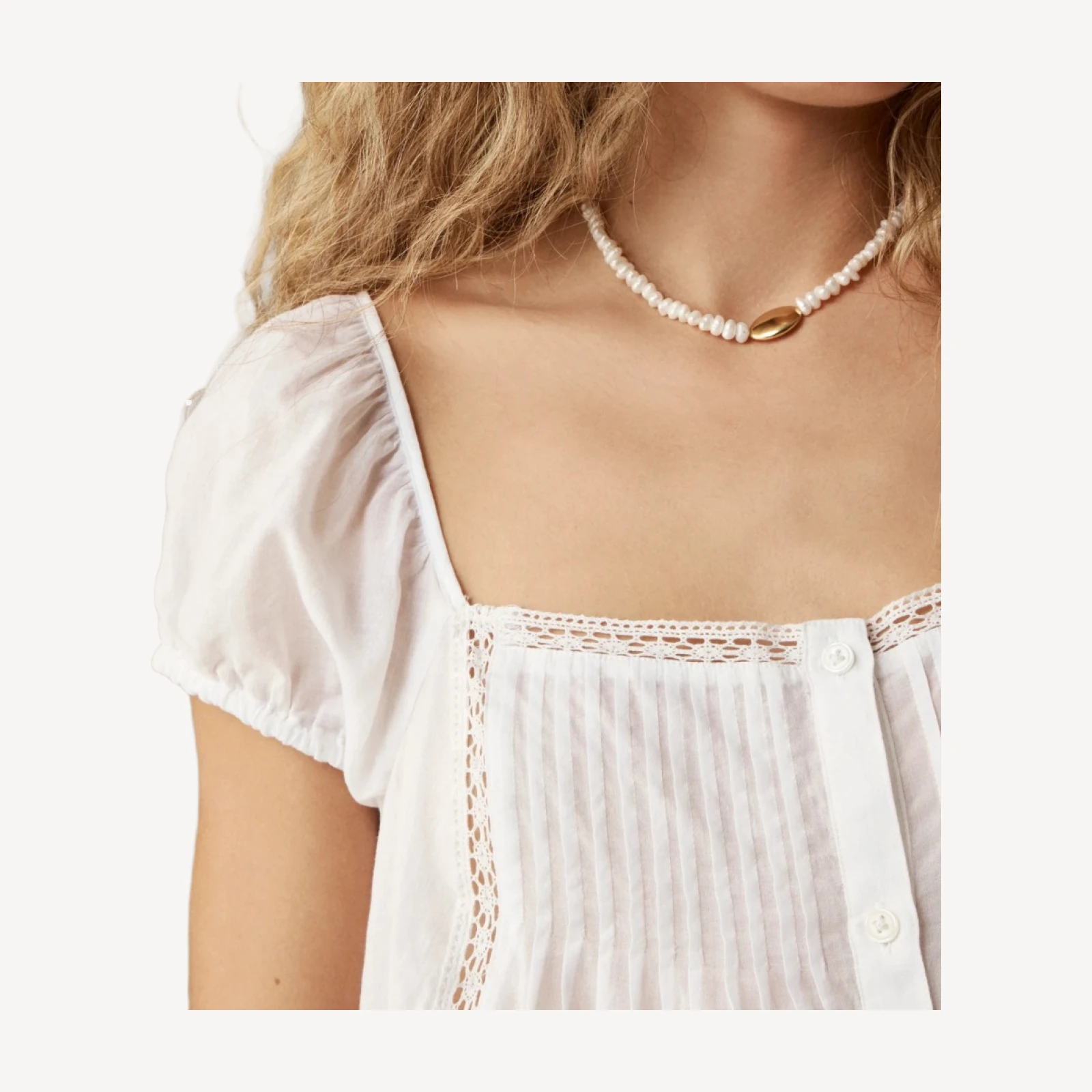 Cap-sleeve lace-trim top in cotton voile
