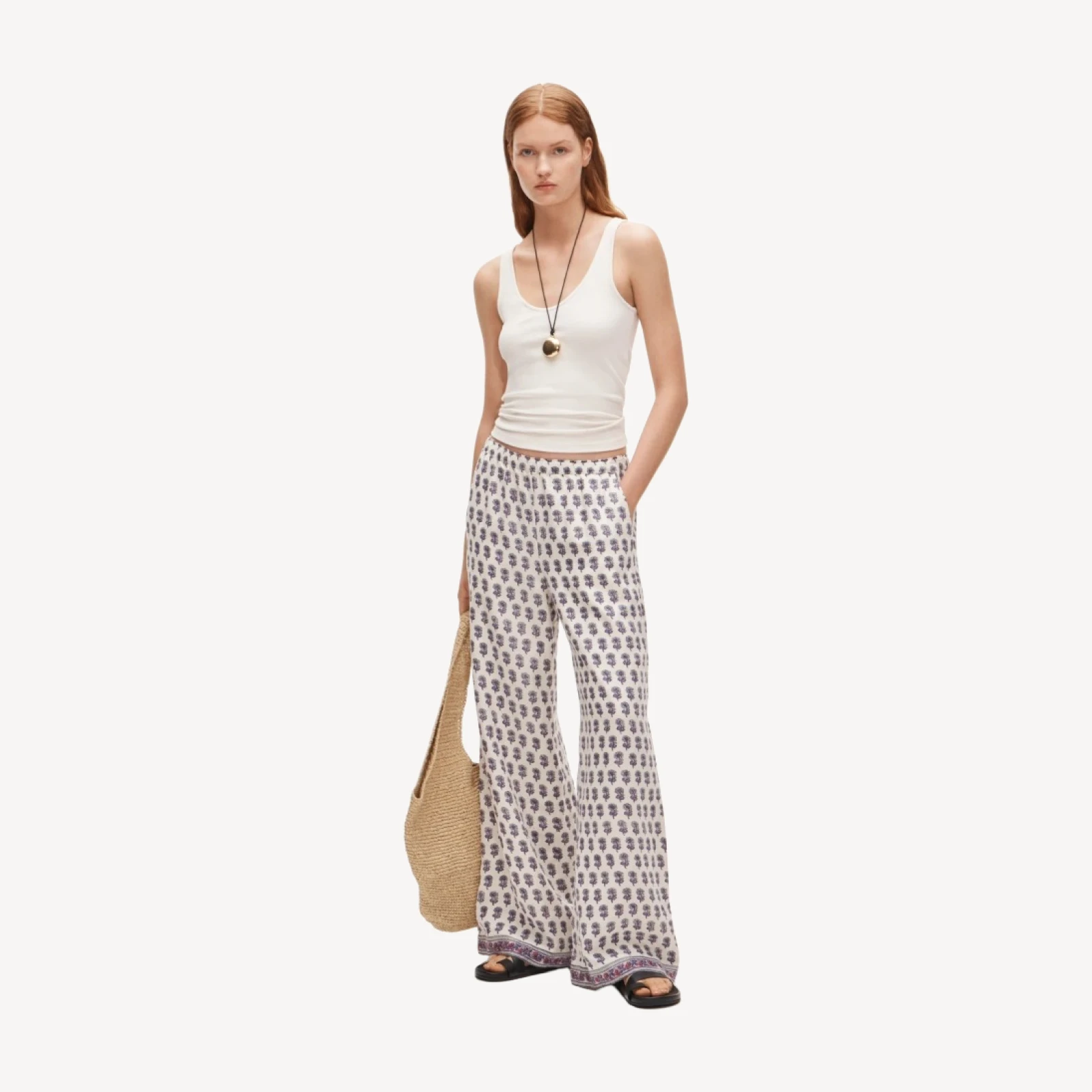 Wide-leg linen pant in lilac block print