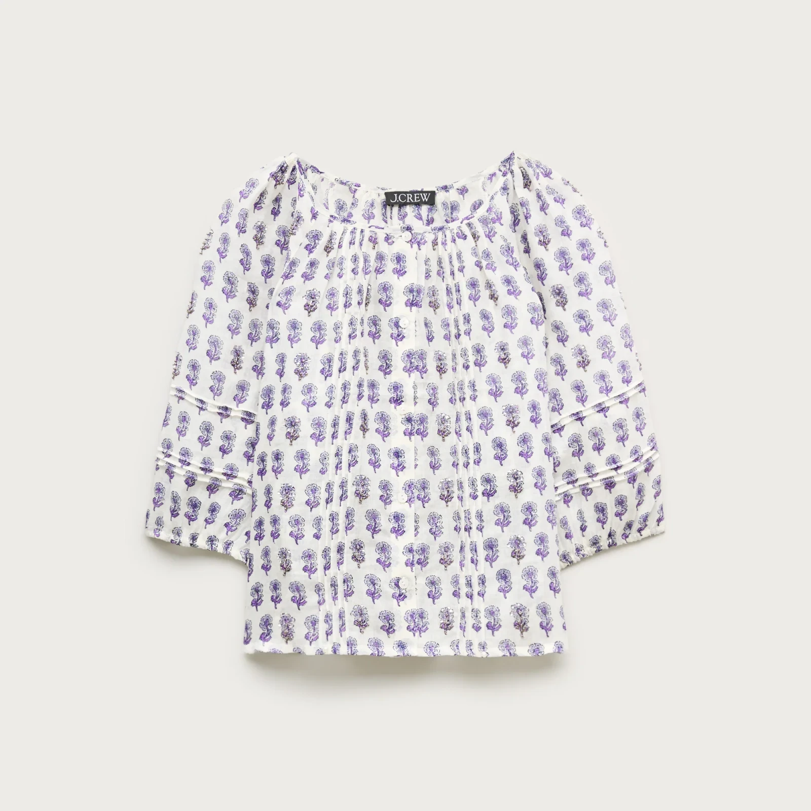Puff-sleeve top in embellished lilac block-print ramie