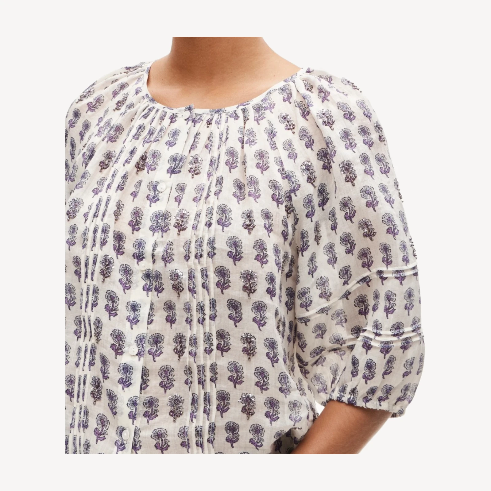 Puff-sleeve top in embellished lilac block-print ramie