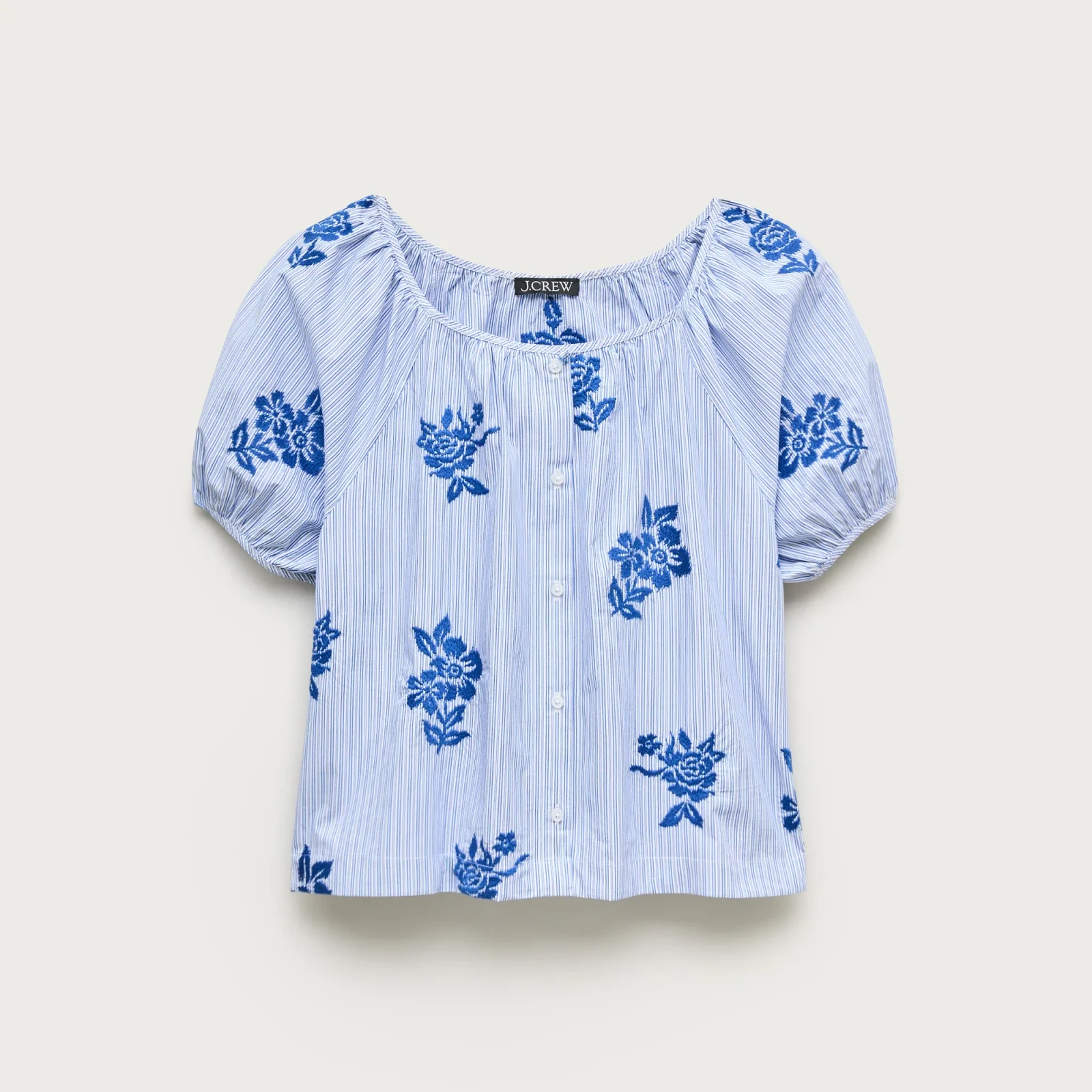 Puff-sleeve button-up top in embroidered floral stripe