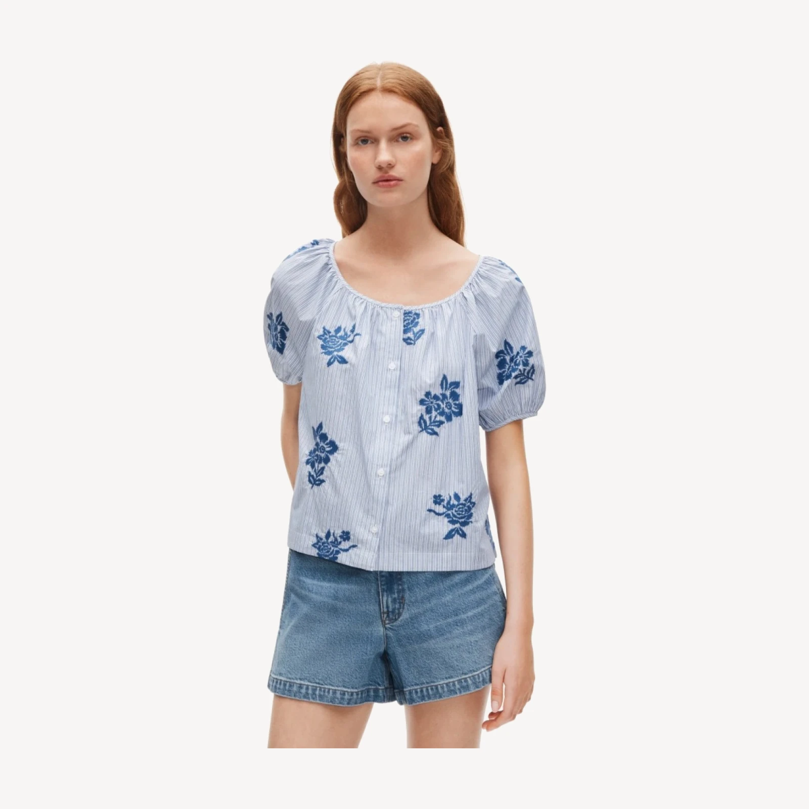 Puff-sleeve button-up top in embroidered floral stripe