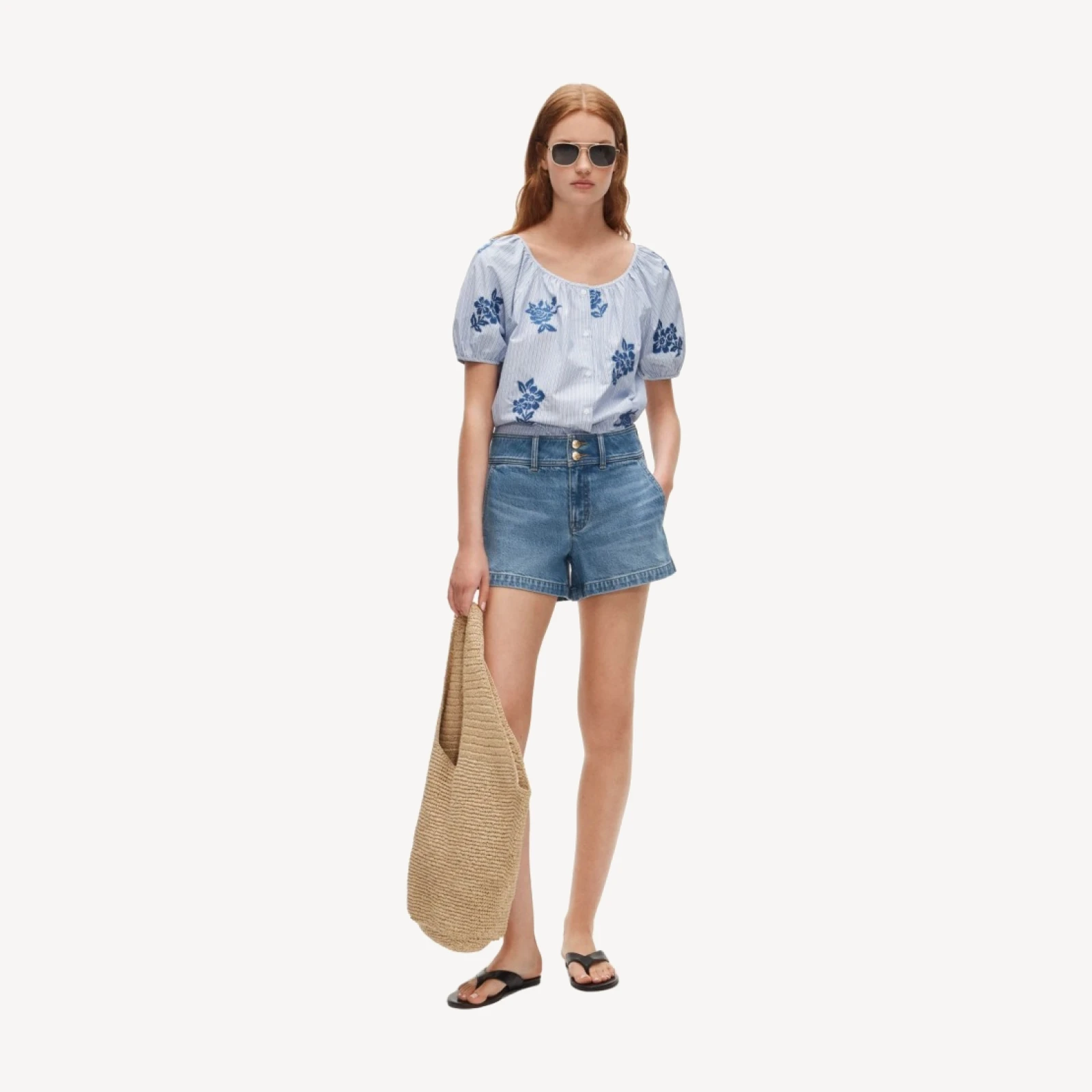 Puff-sleeve button-up top in embroidered floral stripe