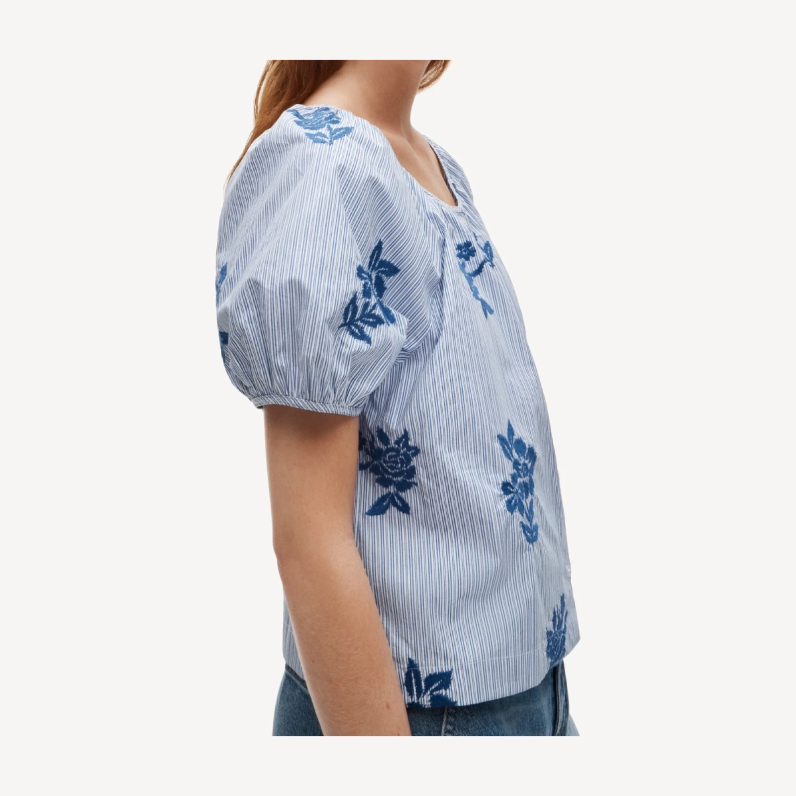 Puff-sleeve button-up top in embroidered floral stripe