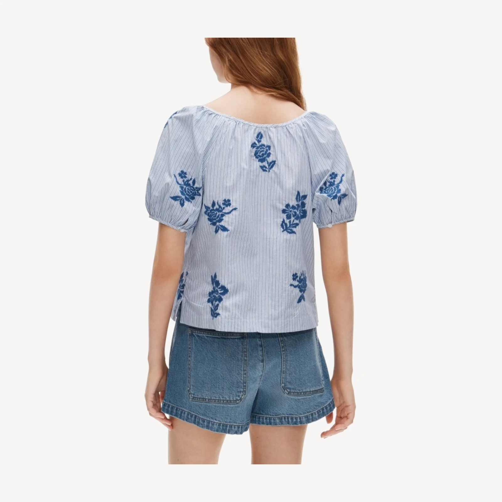 Puff-sleeve button-up top in embroidered floral stripe