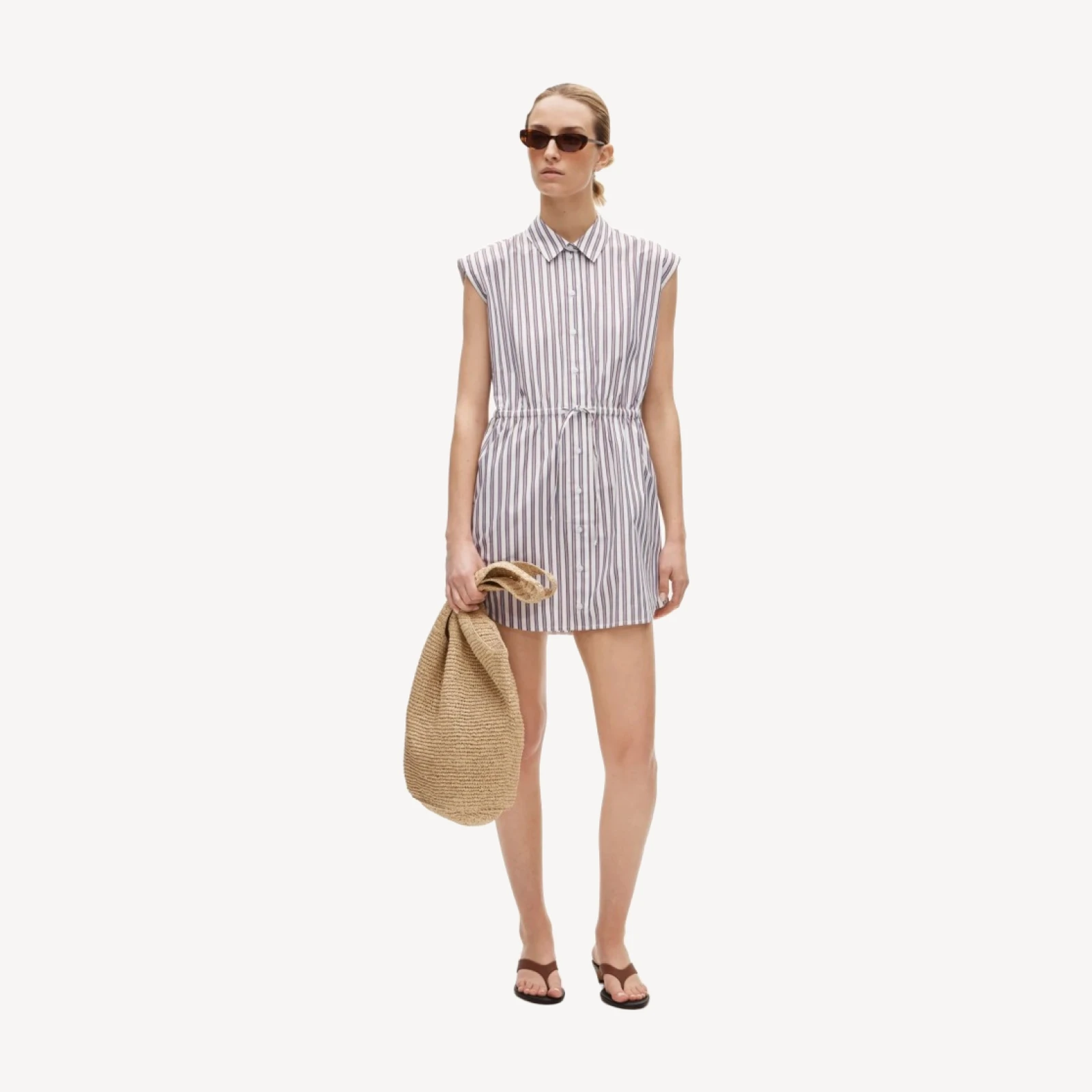 Mini cap-sleeve shirt-dress in striped cotton poplin