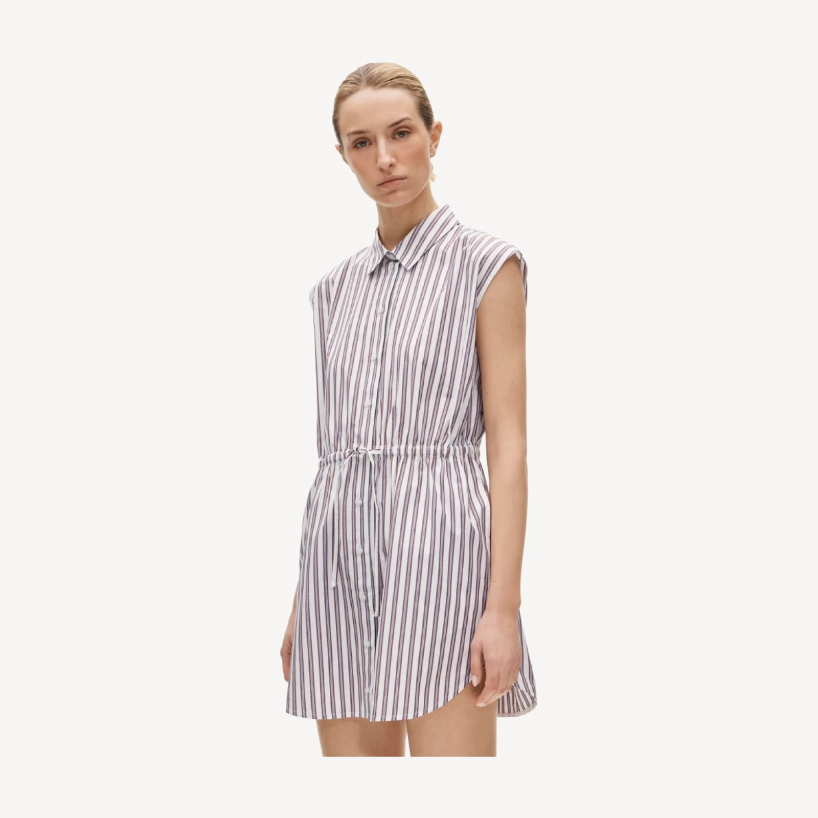 Mini cap-sleeve shirt-dress in striped cotton poplin