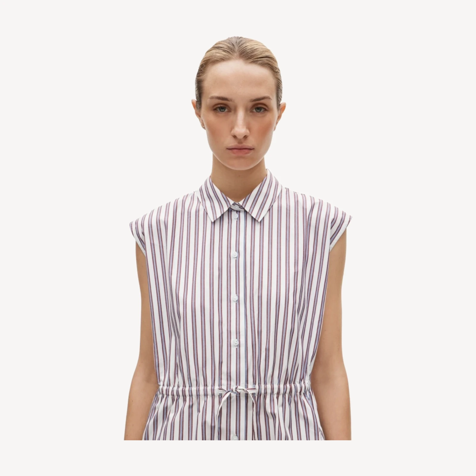 Mini cap-sleeve shirt-dress in striped cotton poplin