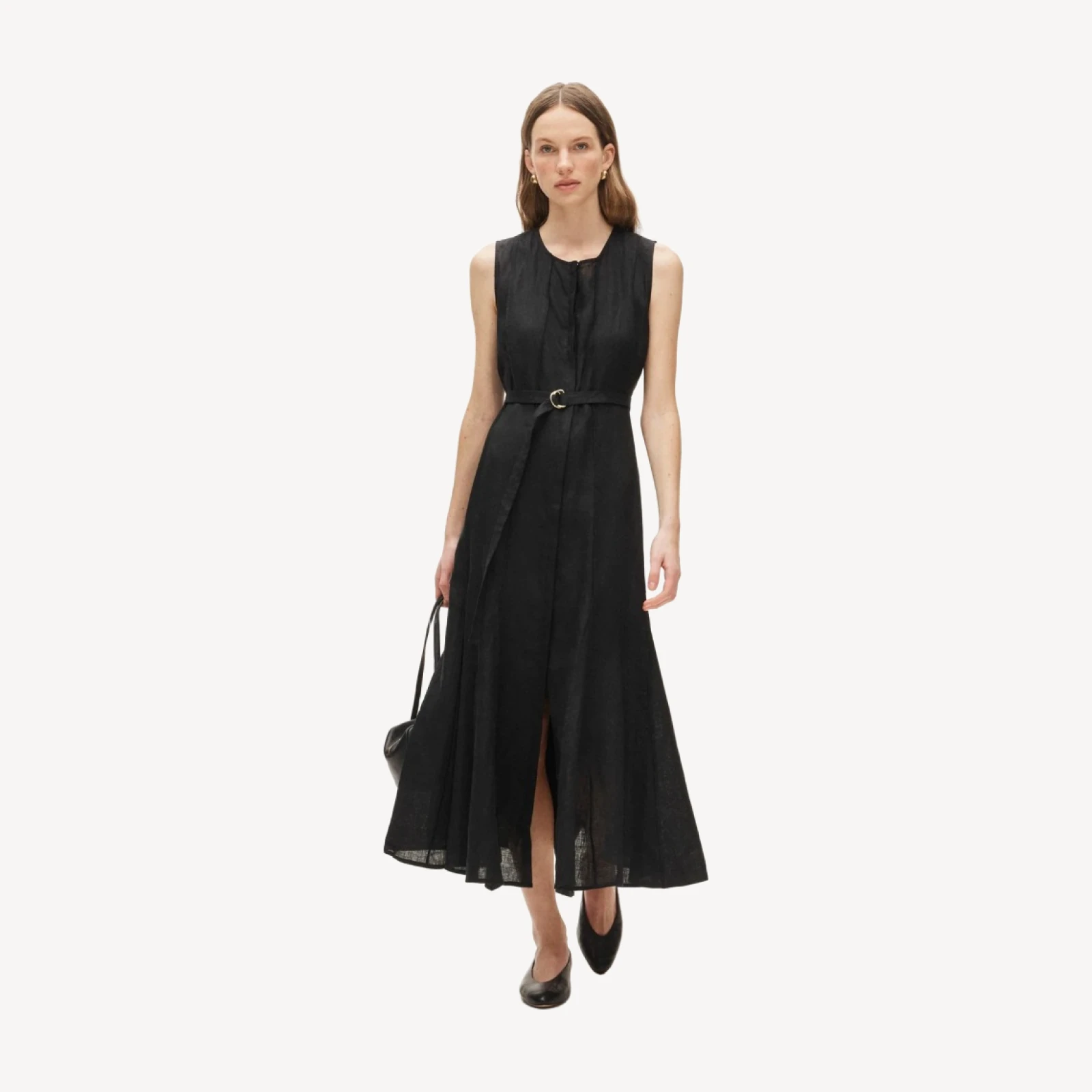 Seamed linen dress with removable belt