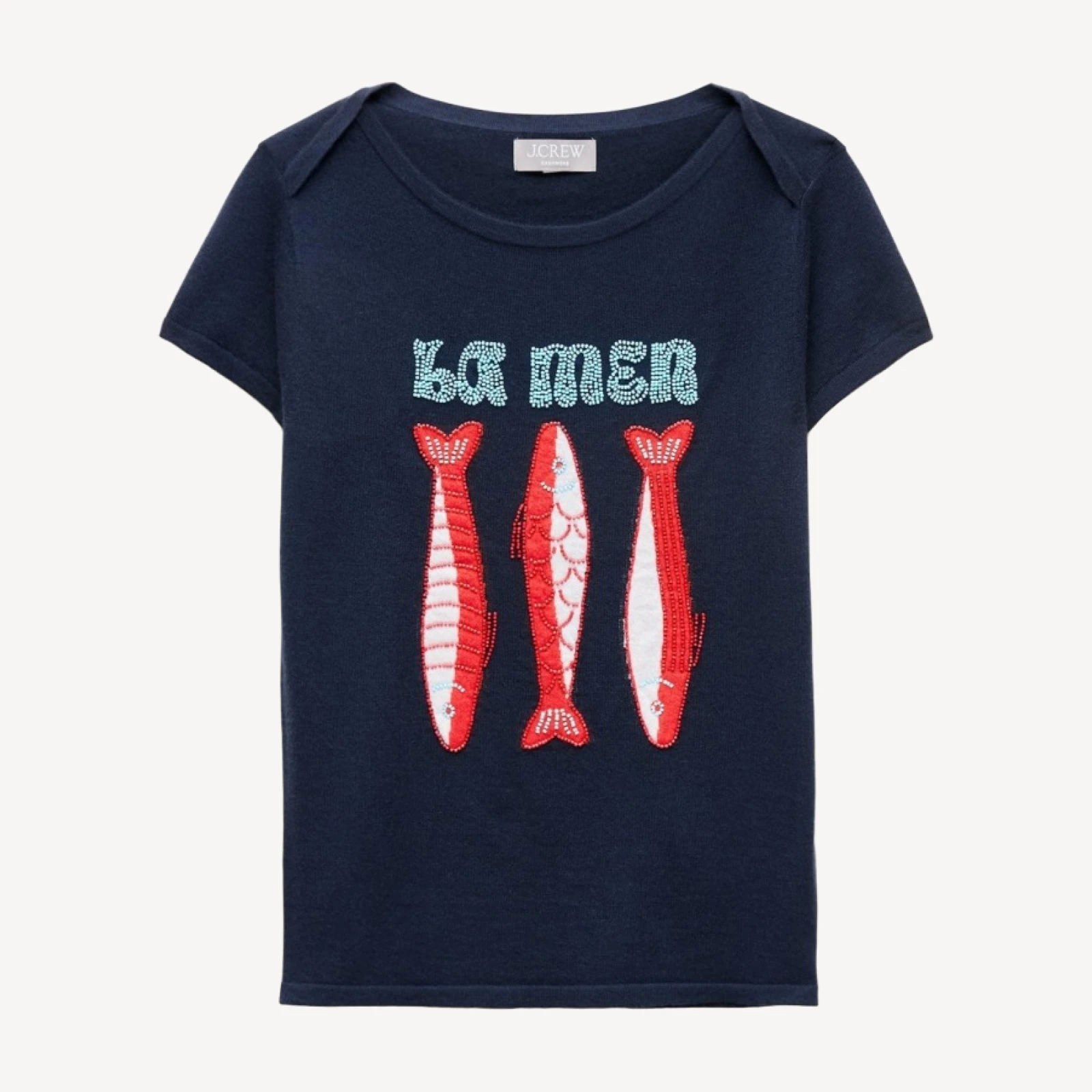 Featherweight cashmere beaded "La mer" graphic sweater-tee