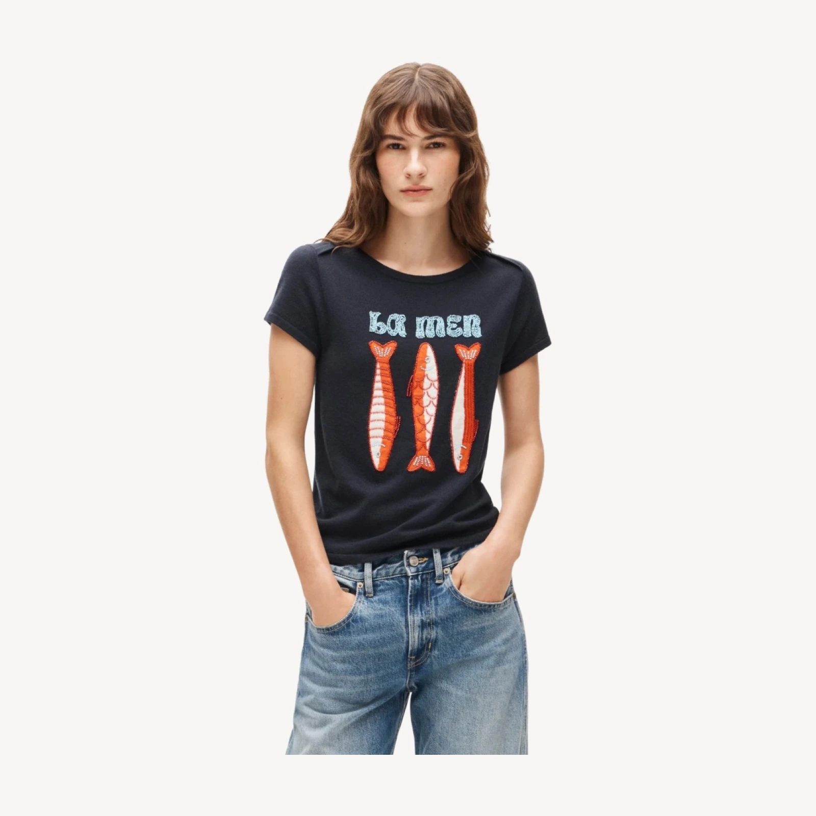 Featherweight cashmere beaded "La mer" graphic sweater-tee