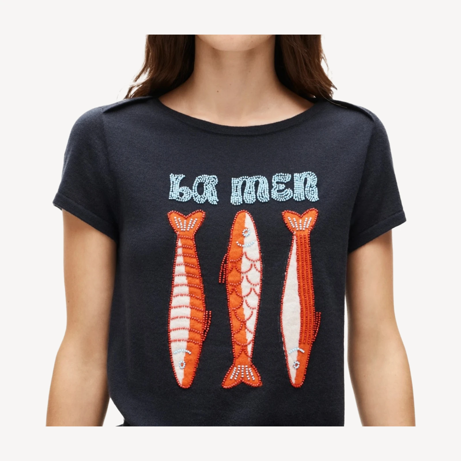 Featherweight cashmere beaded "La mer" graphic sweater-tee