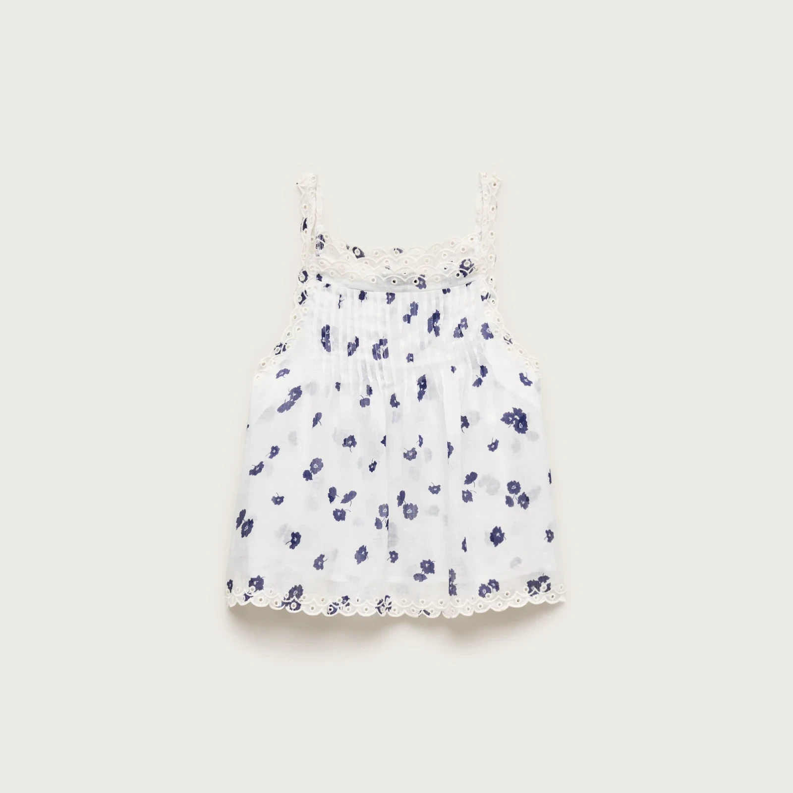 Scallop-trim tank top in blurred floral ramie