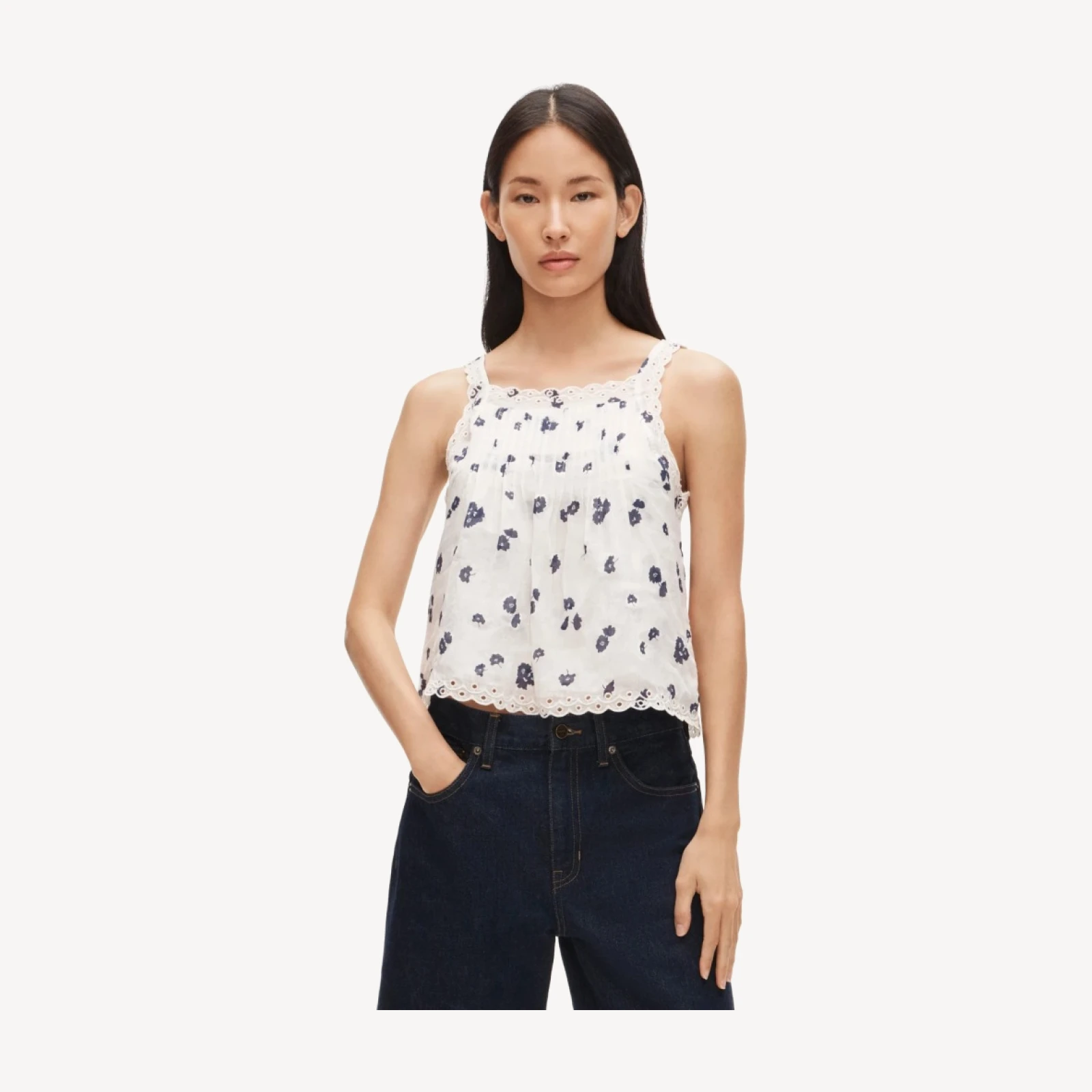 Scallop-trim tank top in blurred floral ramie