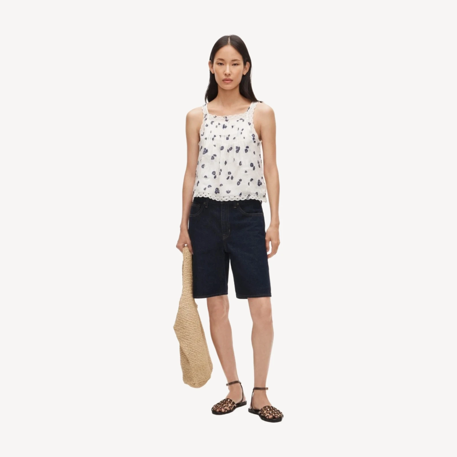 Scallop-trim tank top in blurred floral ramie