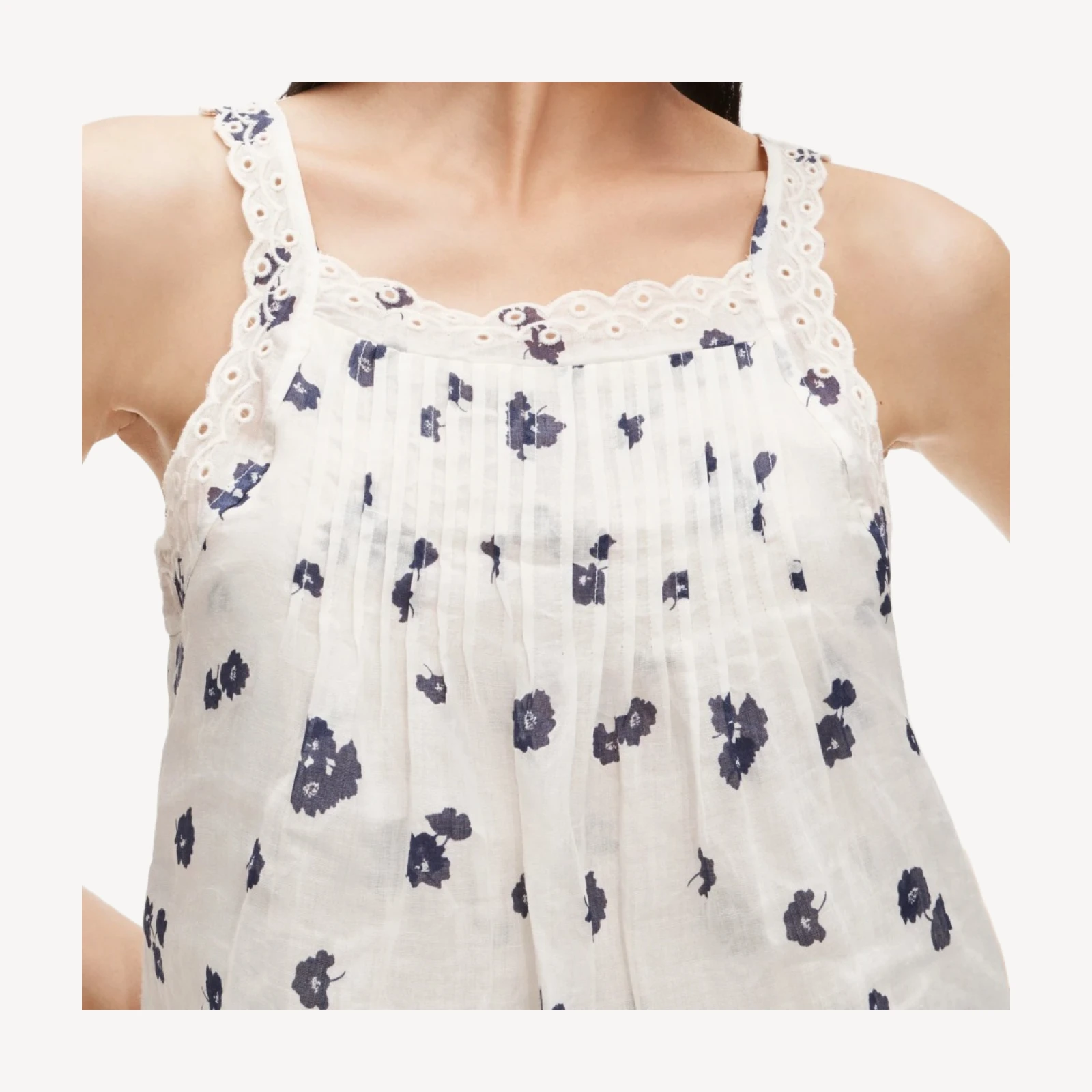 Scallop-trim tank top in blurred floral ramie