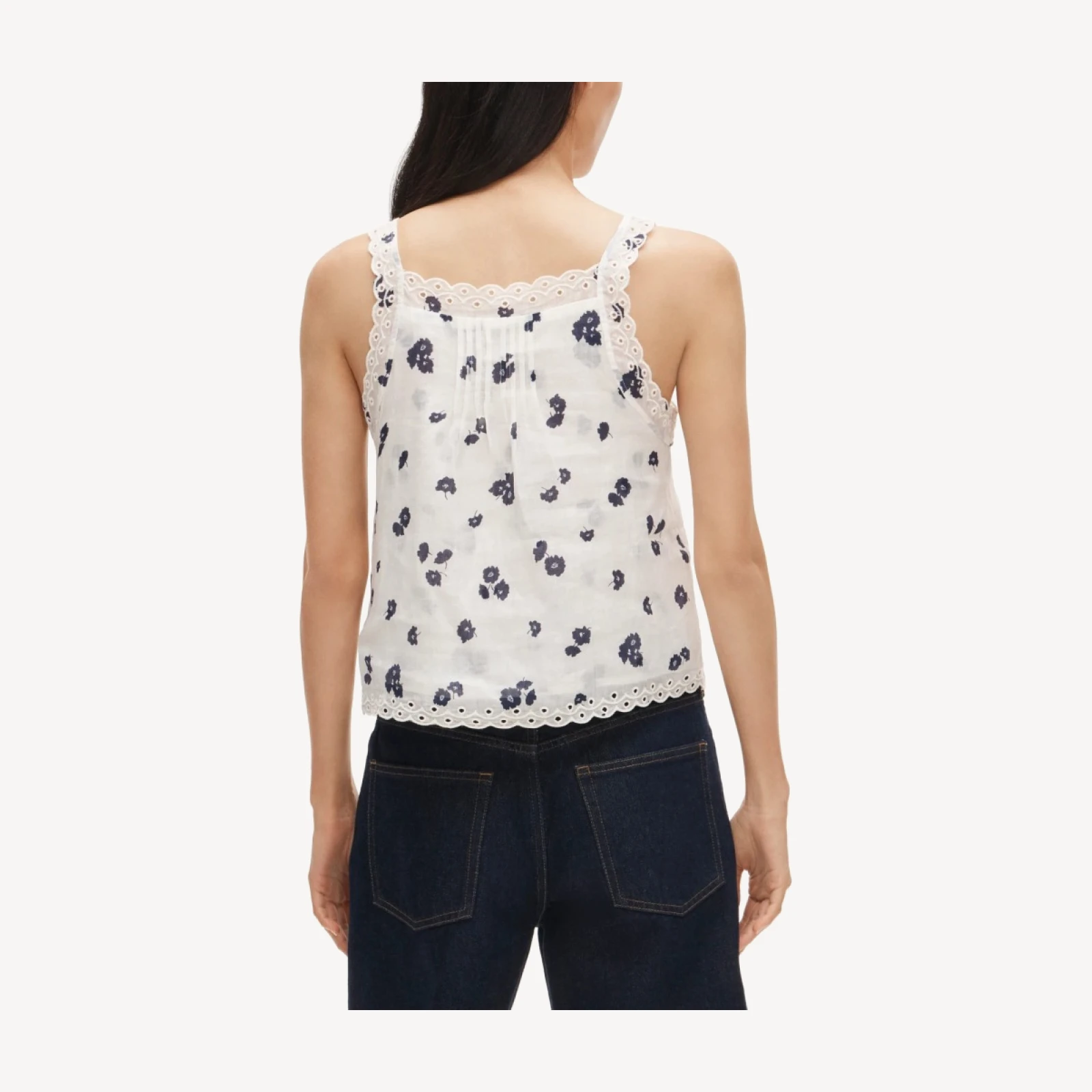 Scallop-trim tank top in blurred floral ramie