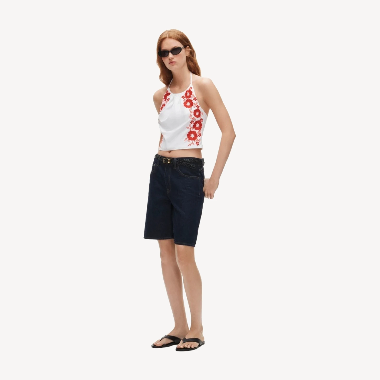 Halter tank top with floral embroidery