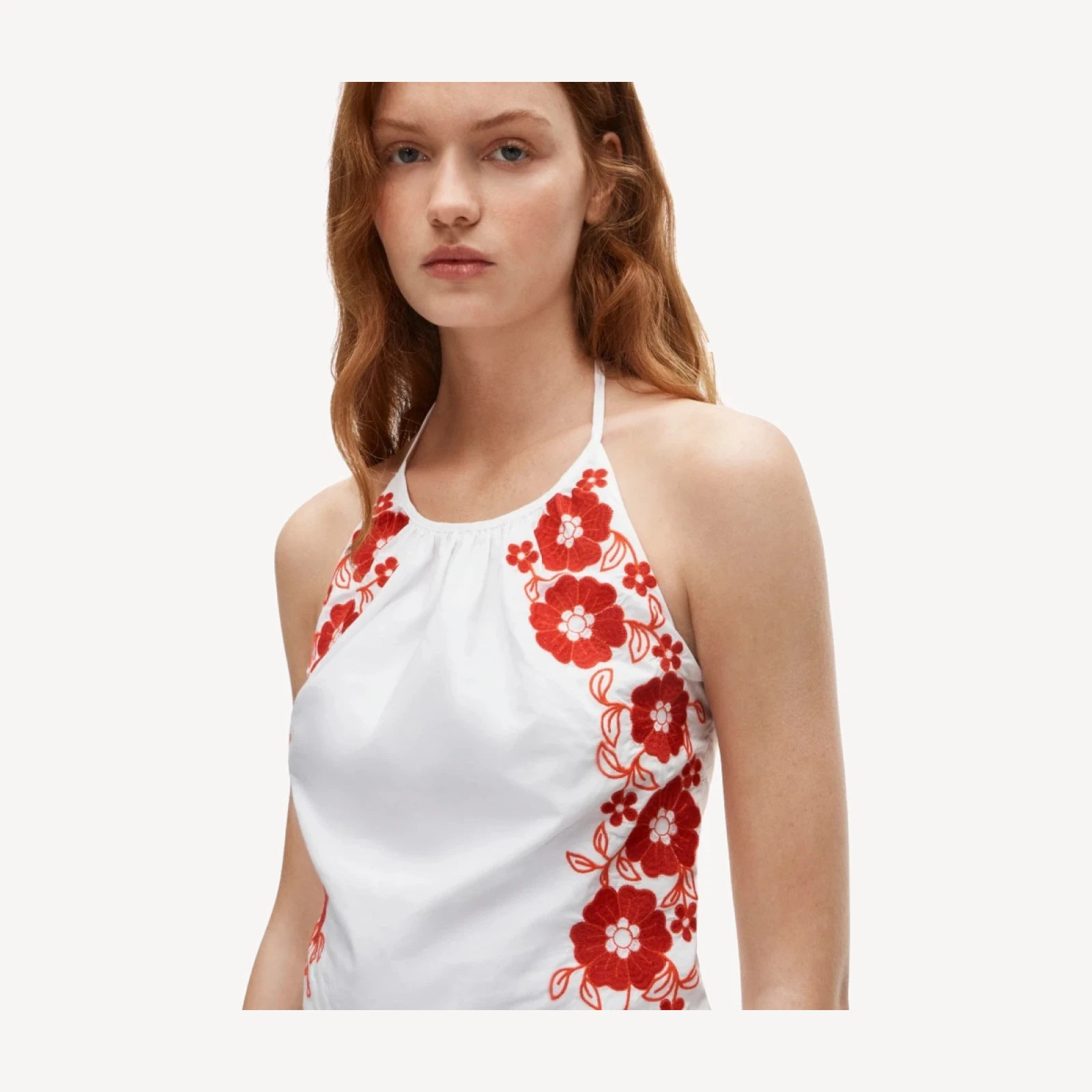 Halter tank top with floral embroidery