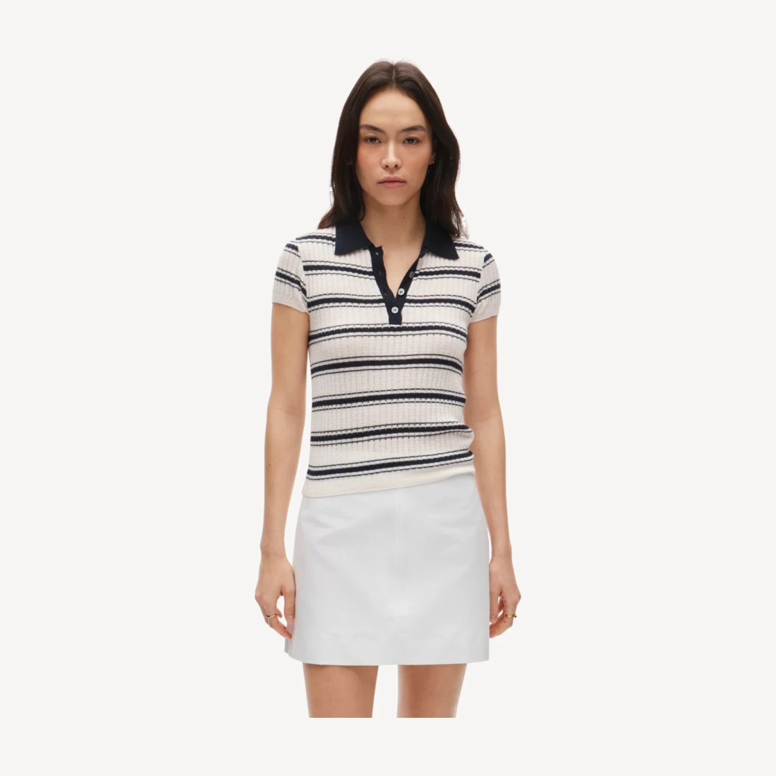 Featherweight cashmere pointelle sweater-polo in stripe