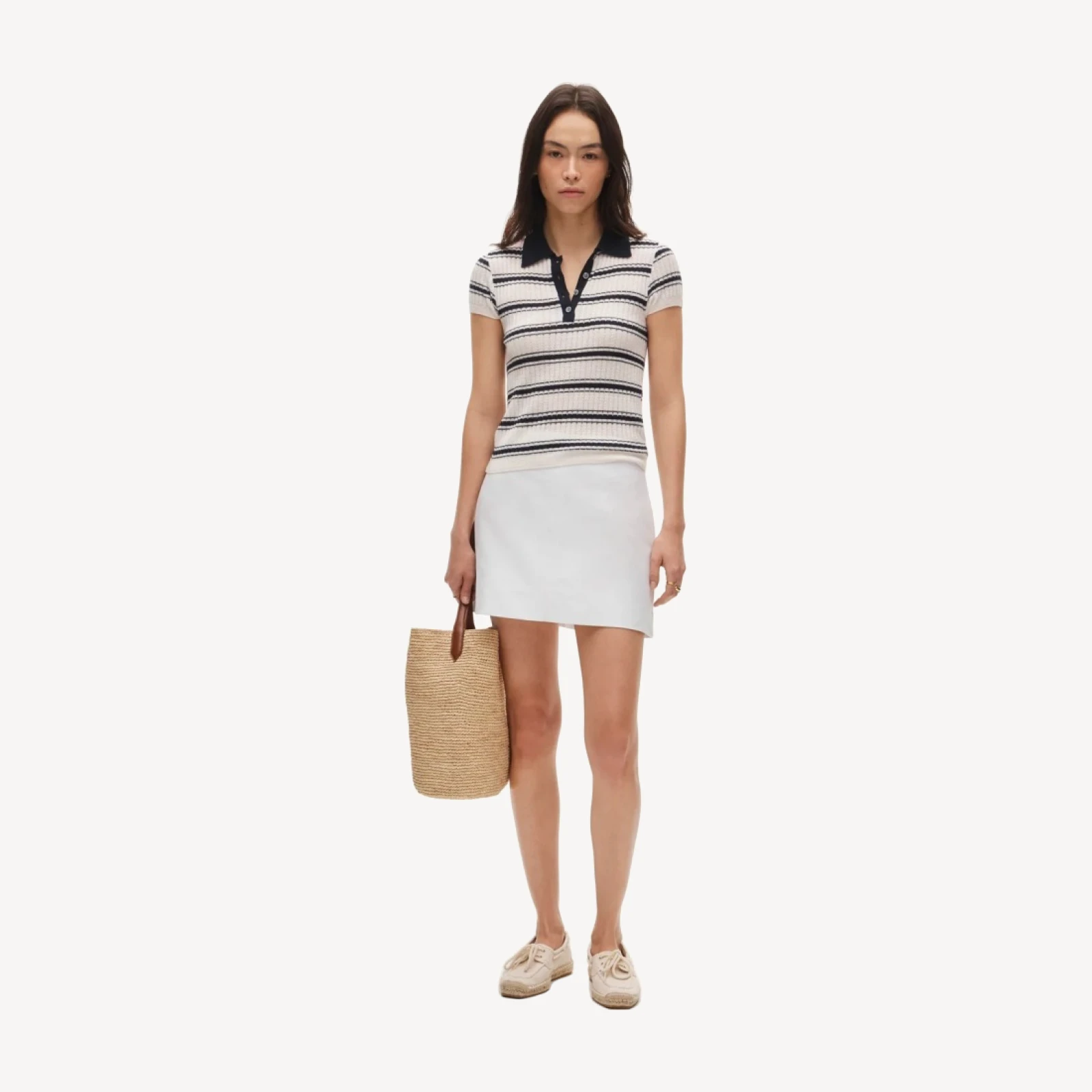 Featherweight cashmere pointelle sweater-polo in stripe