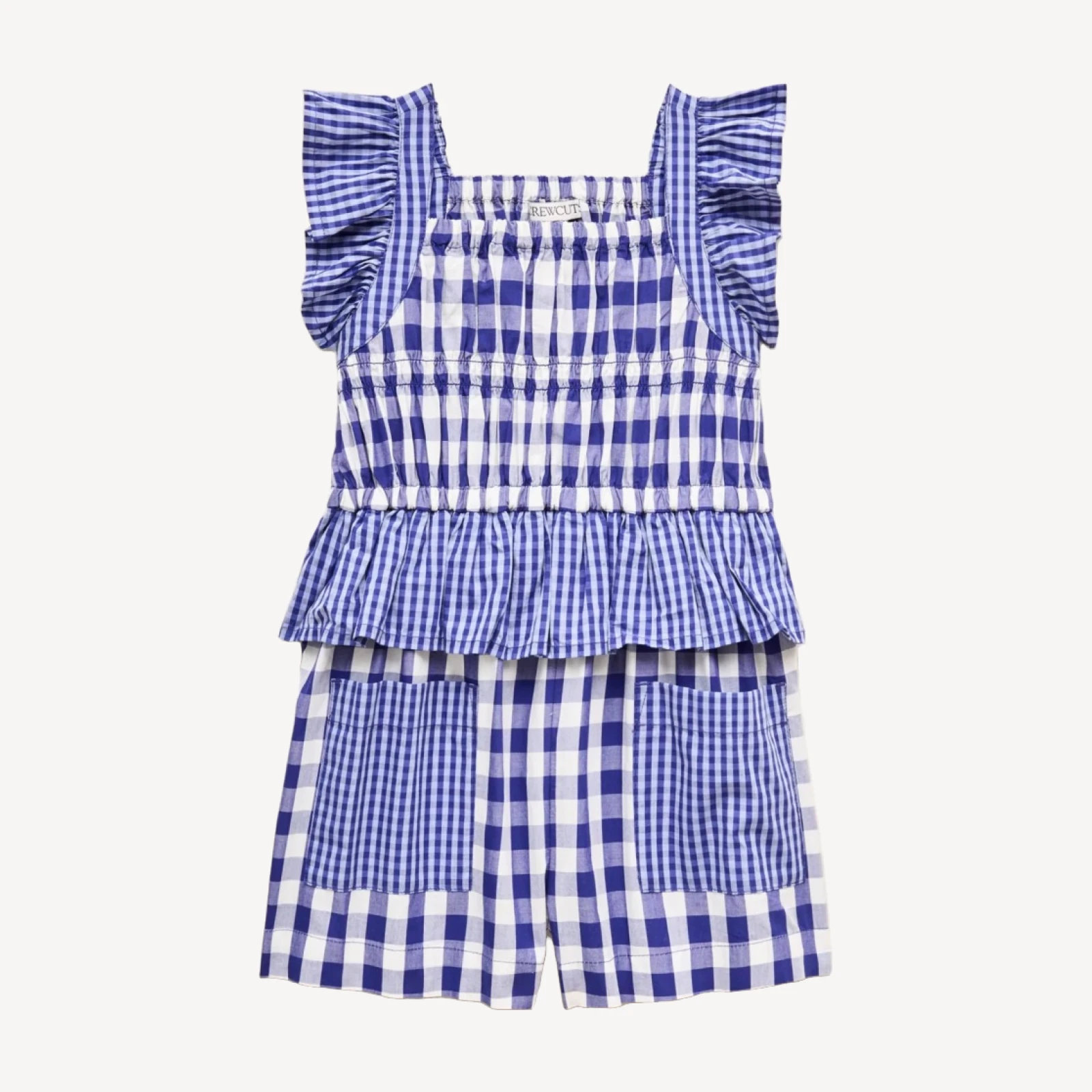 Girls' patch-pocket romper in mixed gingham cotton poplin