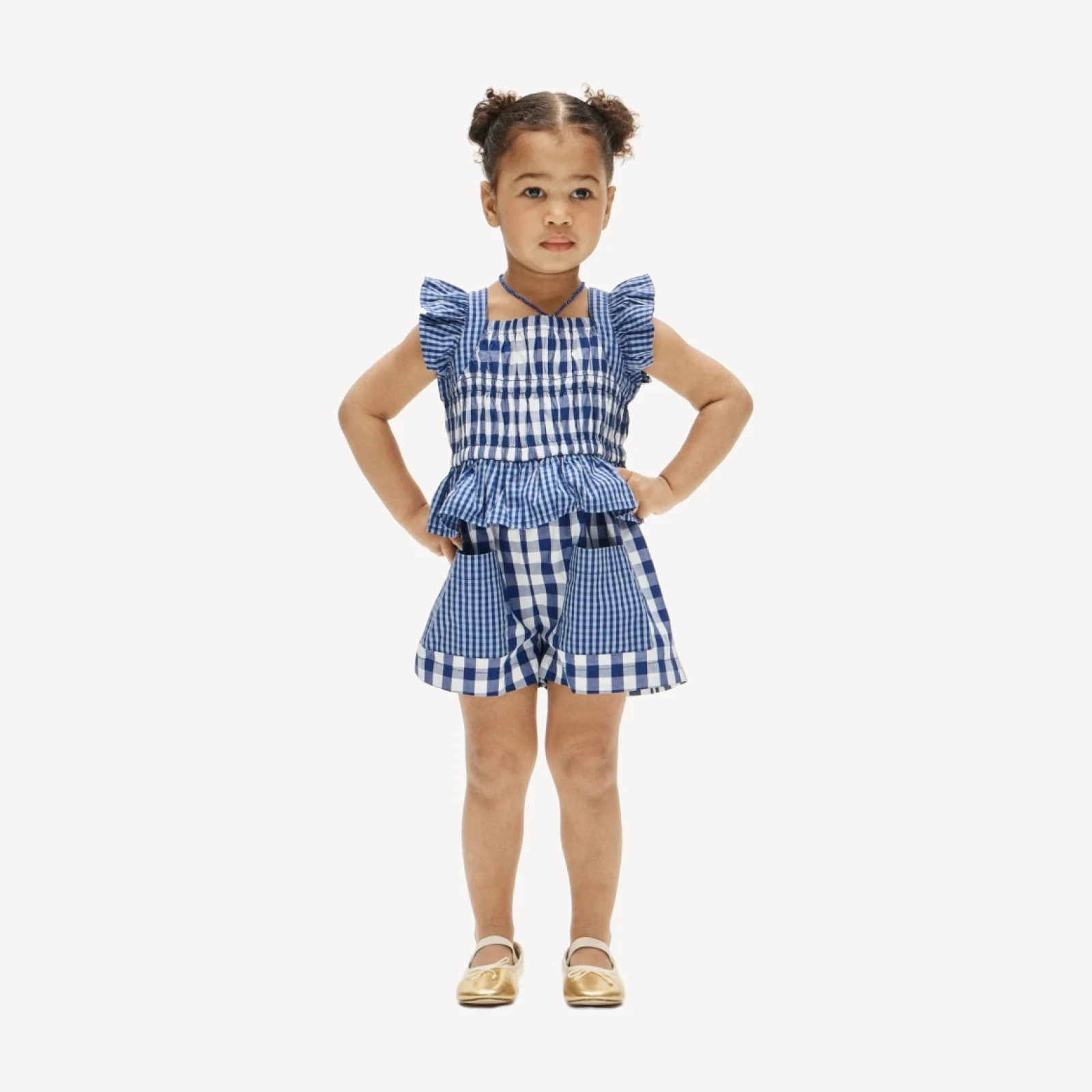 Girls' patch-pocket romper in mixed gingham cotton poplin