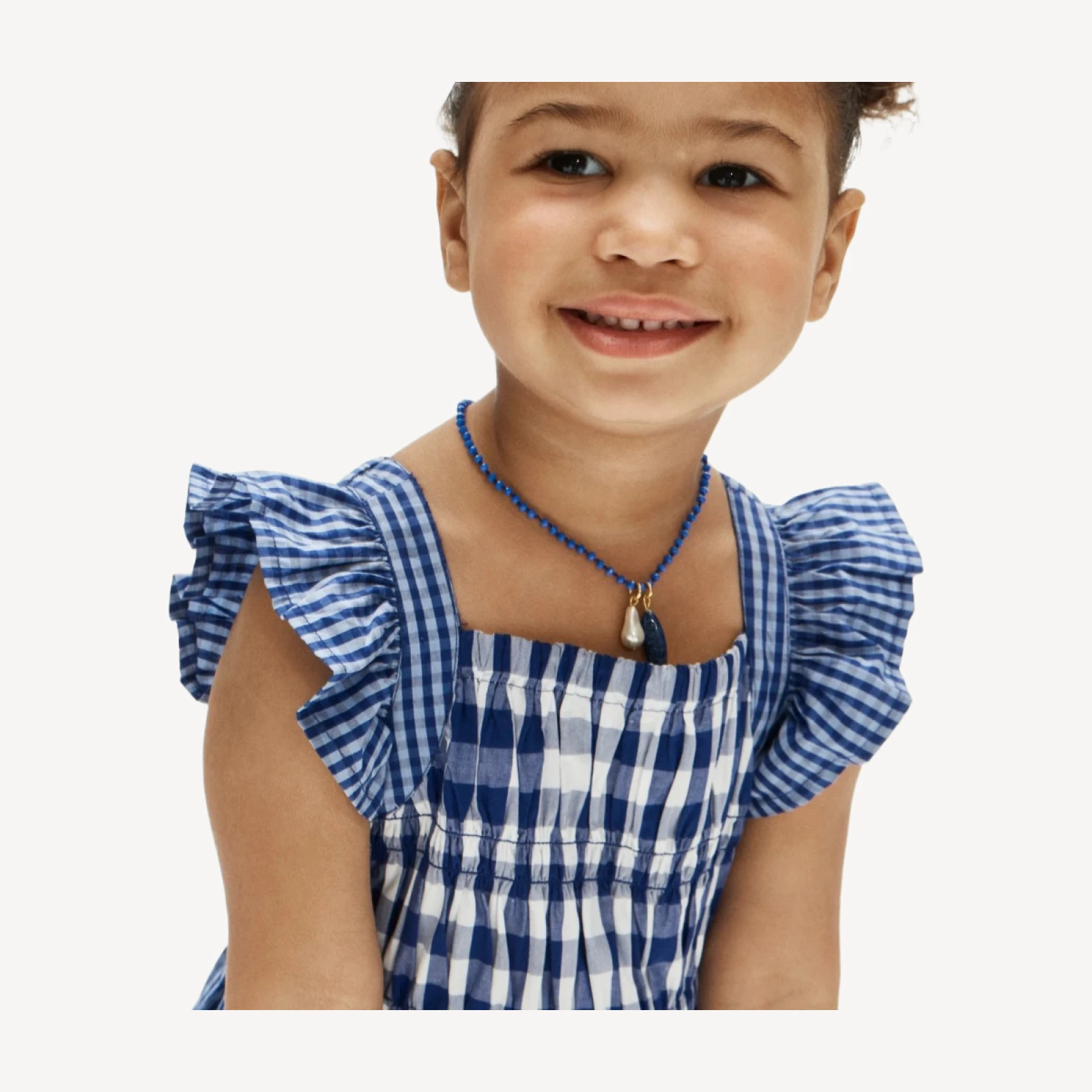 Girls' patch-pocket romper in mixed gingham cotton poplin