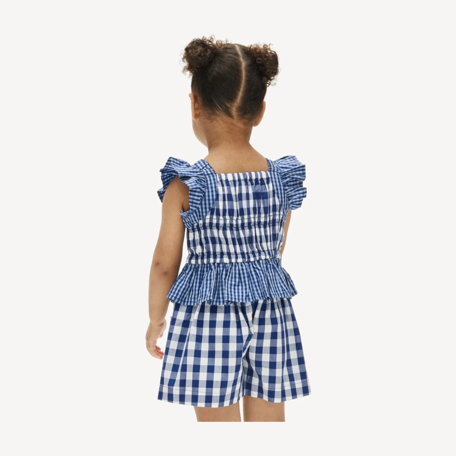 Girls' patch-pocket romper in mixed gingham cotton poplin