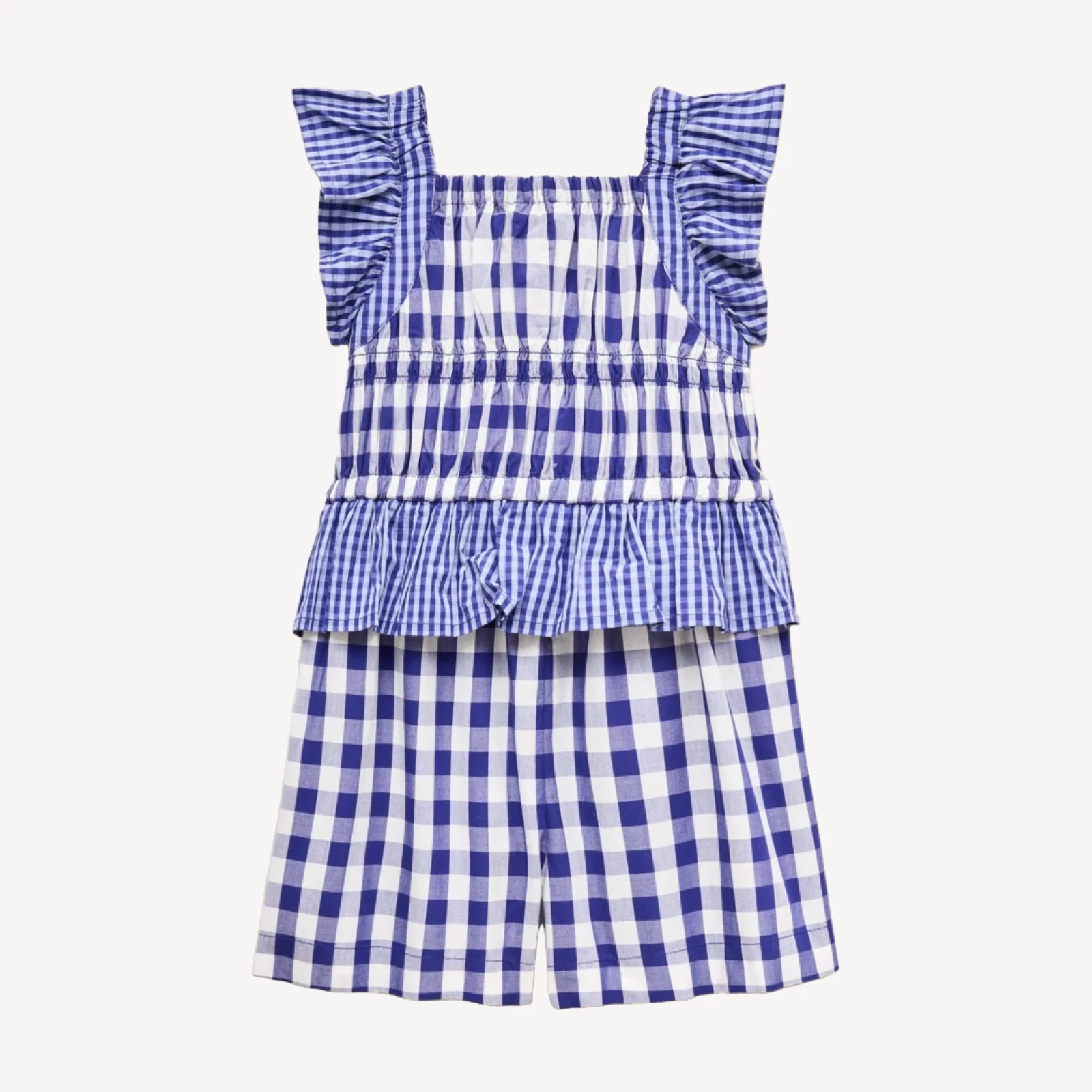 Girls' patch-pocket romper in mixed gingham cotton poplin
